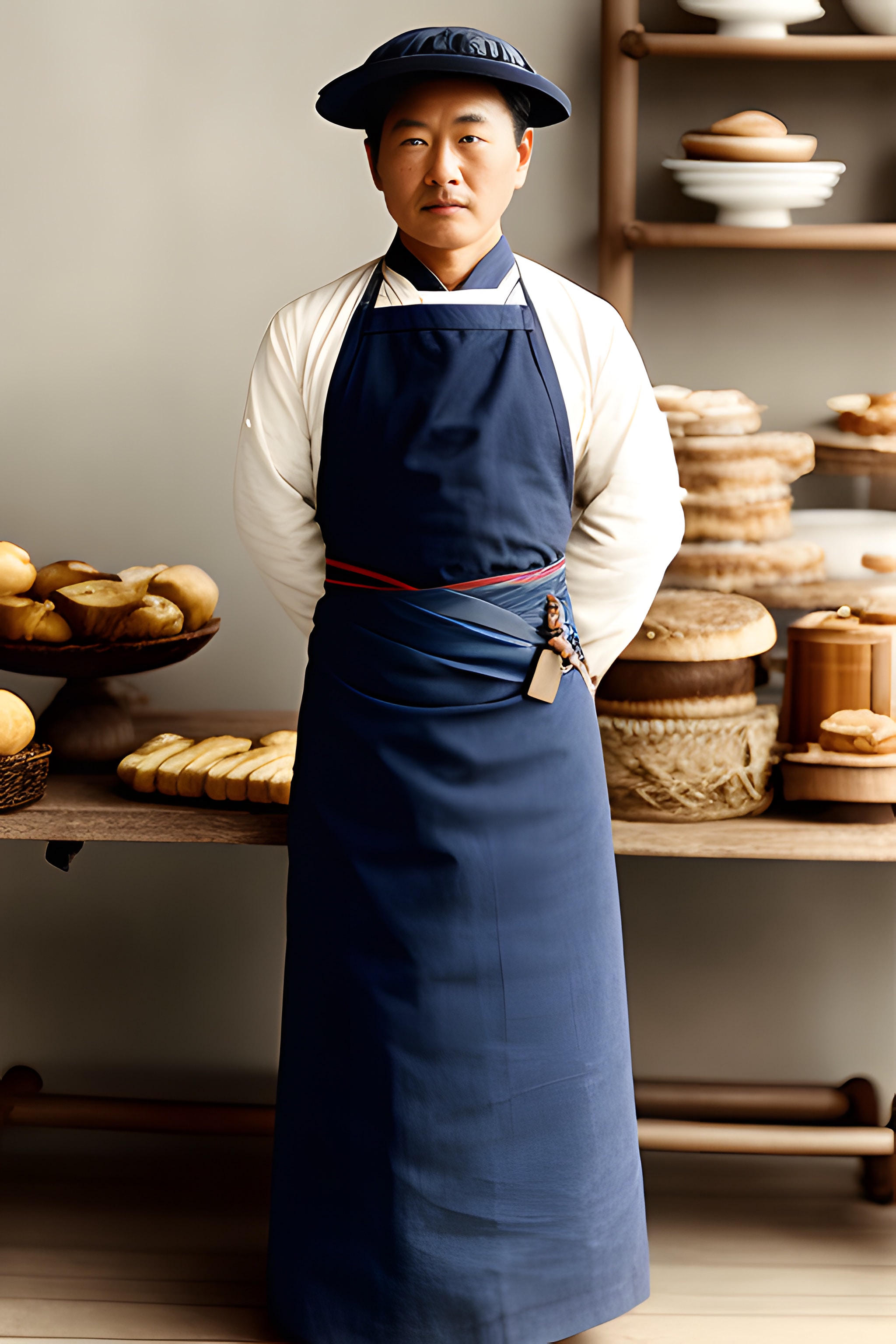 Portrait of a man in traditional East Asian clothing and hat, standing behind a counter with baked goods.