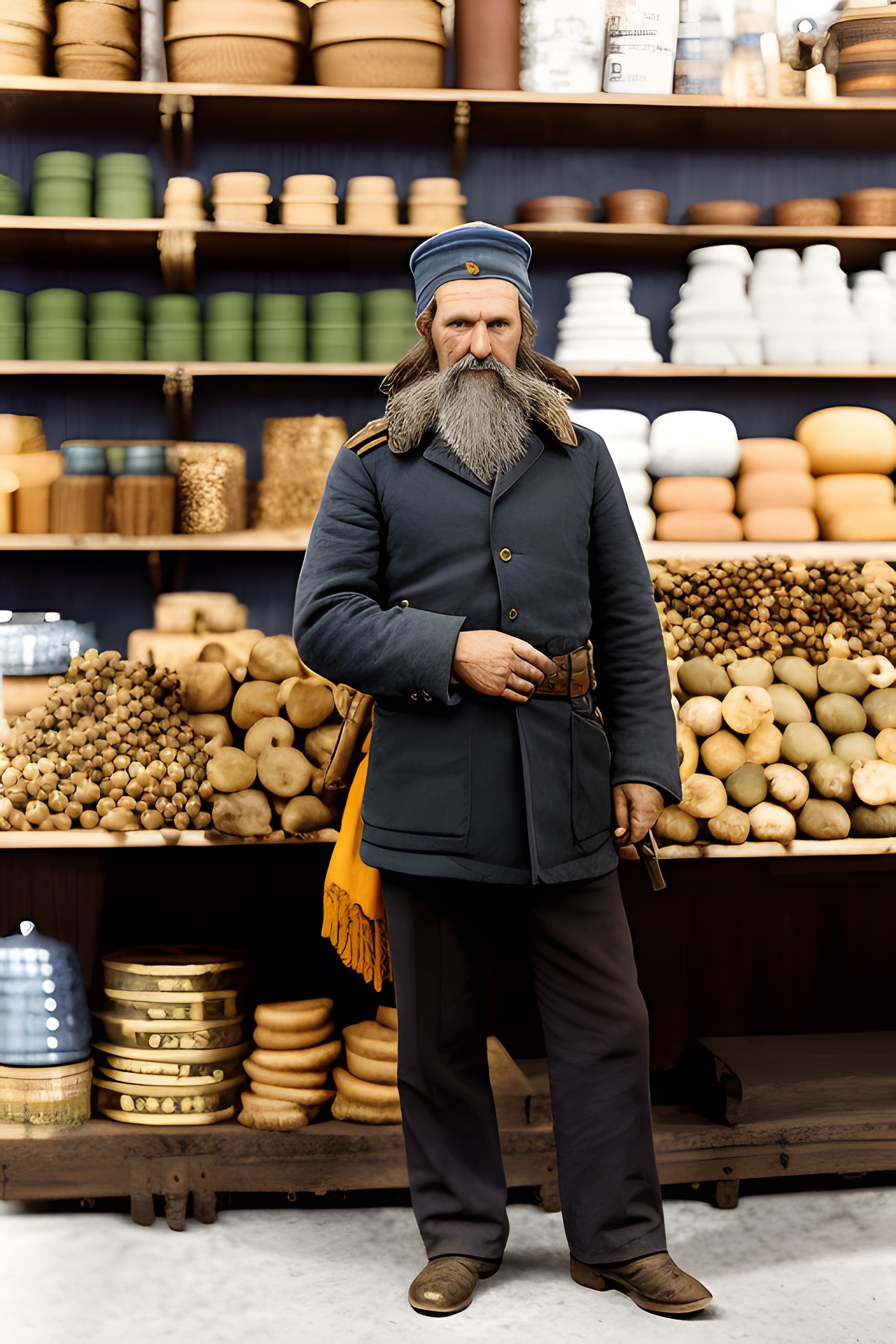 A long-bearded man in a dark coat stands in a shop filled with shelves of cheeses and other goods.