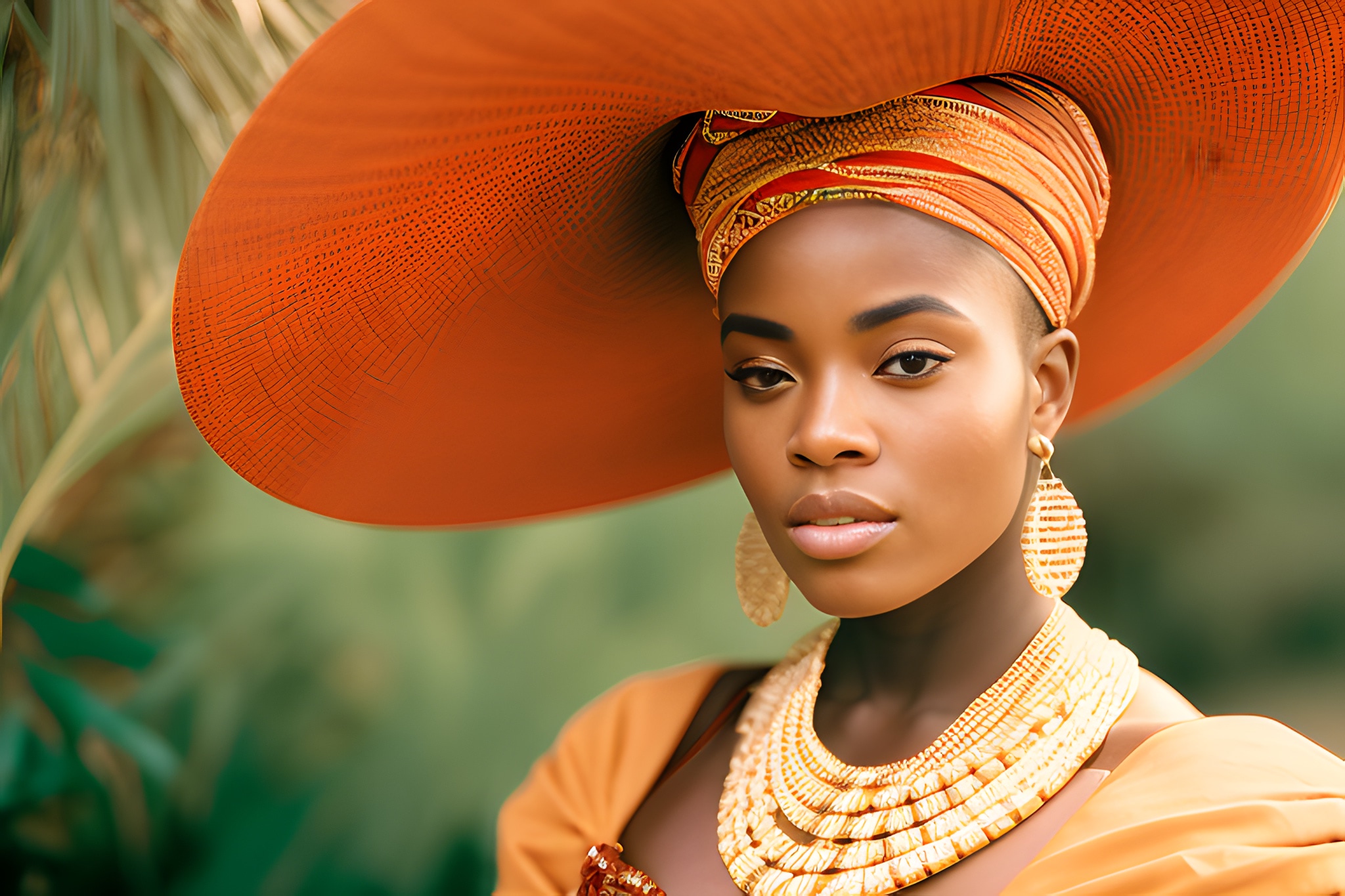 Portrait of a Black woman wearing a large orange hat, orange headwrap, gold jewelry, and an orange dress.