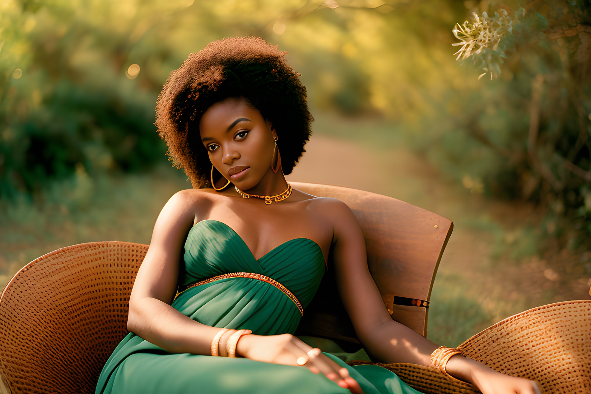 Portrait of a Black woman with an afro wearing a green dress and gold jewelry, sitting outdoors.