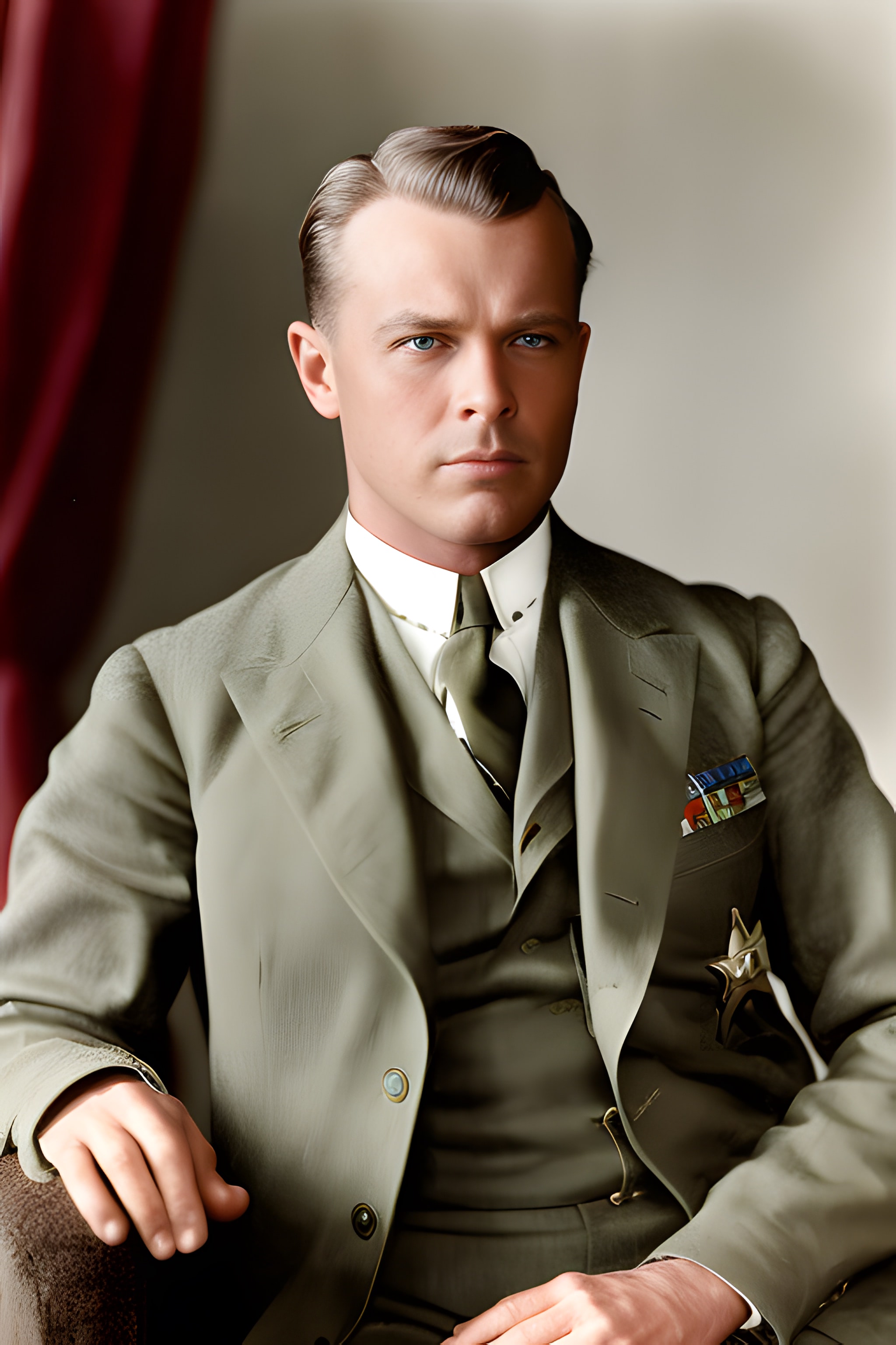 Colorized portrait of a young man in a light-tan suit.