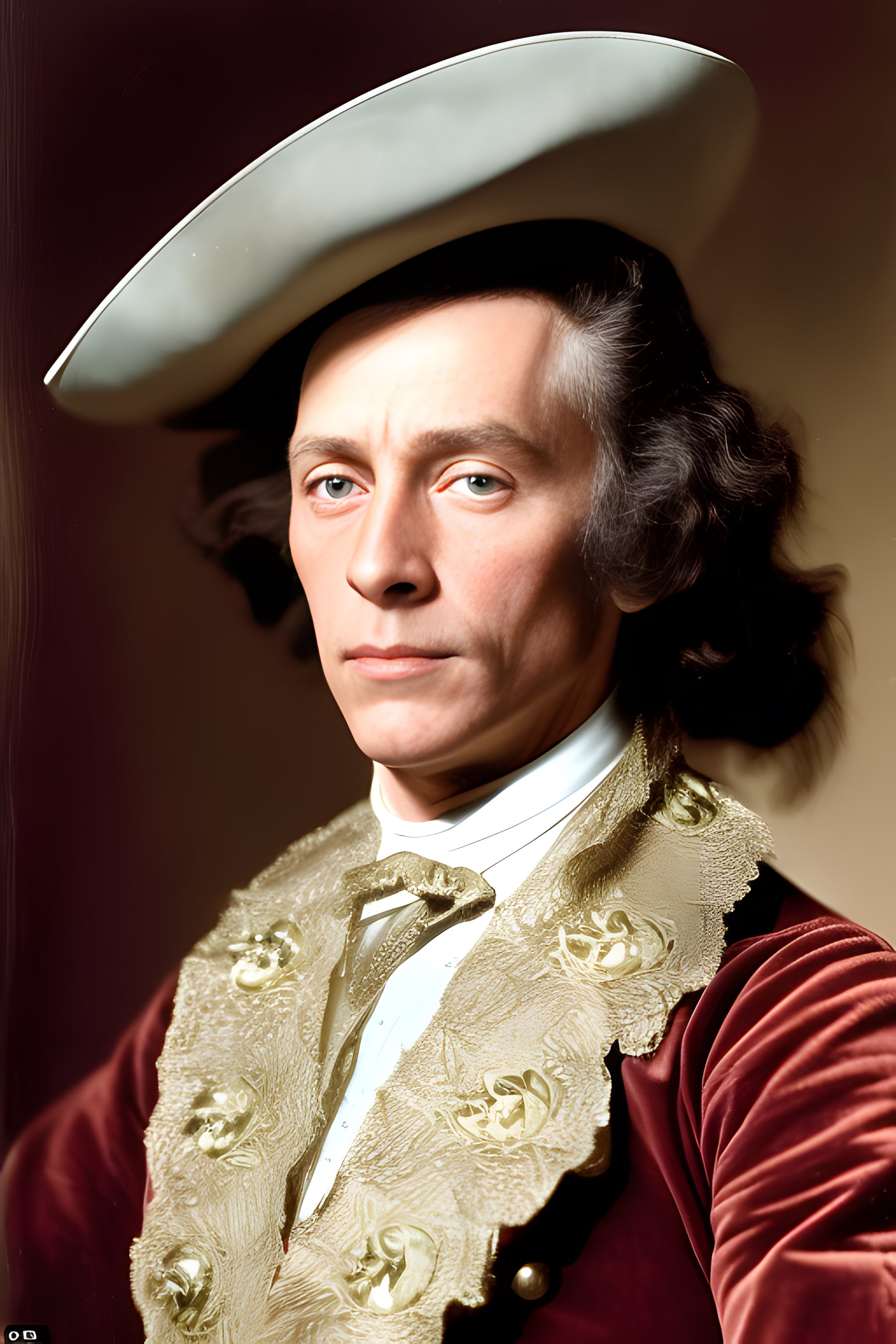 Close-up portrait of a man in an ornate 18th-century-style costume.