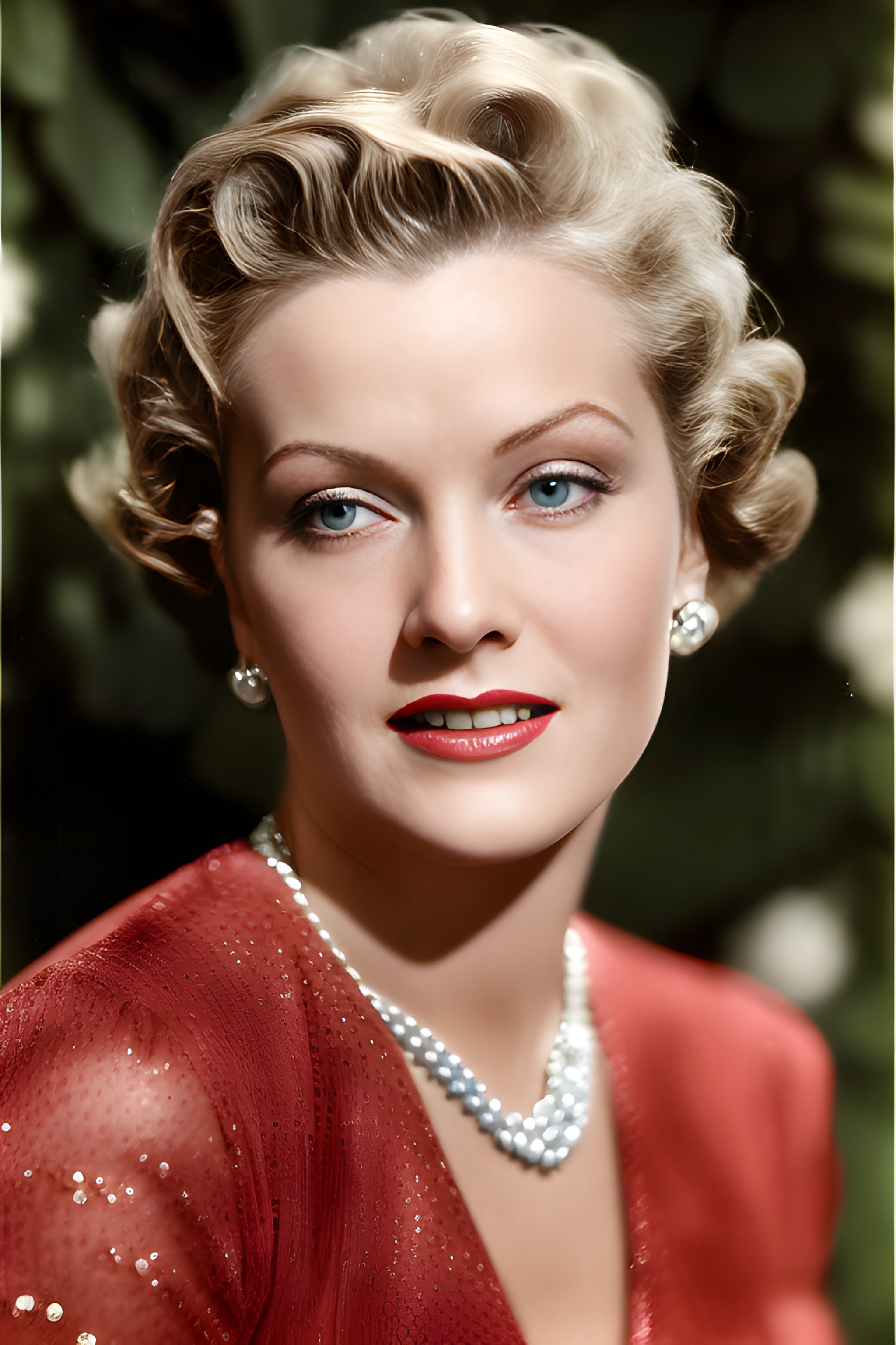 Close-up portrait of a blonde woman in a red dress wearing a pearl necklace.