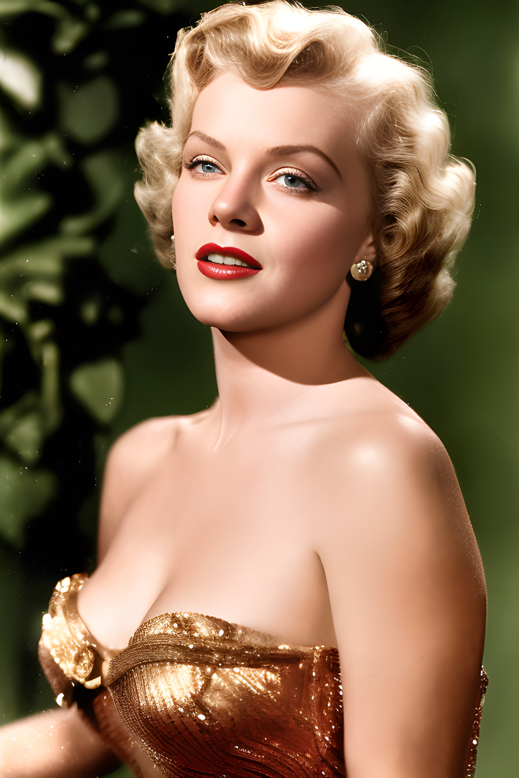 Close-up portrait of a blonde actress in a gold sequined strapless gown.