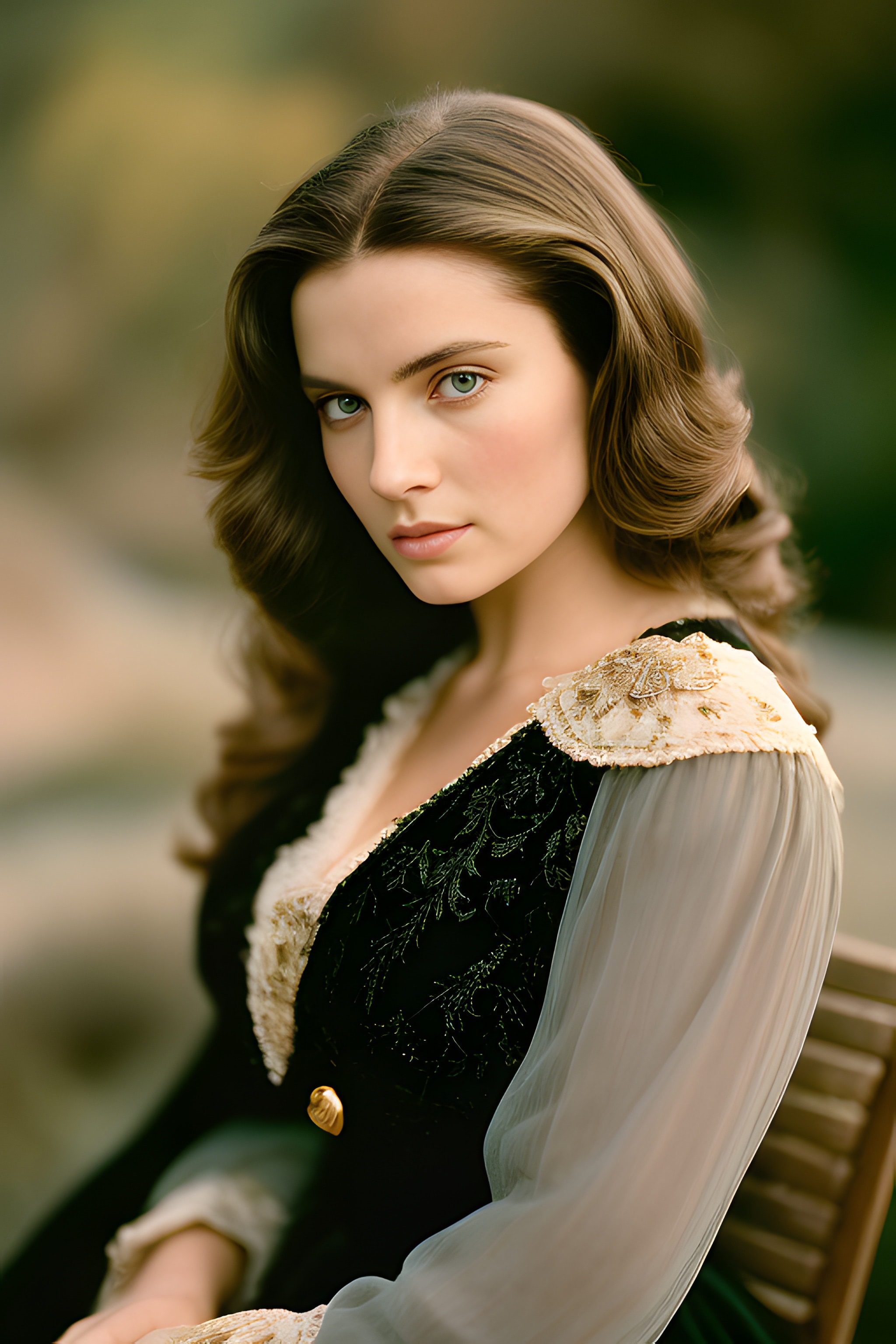 Portrait of a woman with long brown hair, wearing an ornate dark green dress.