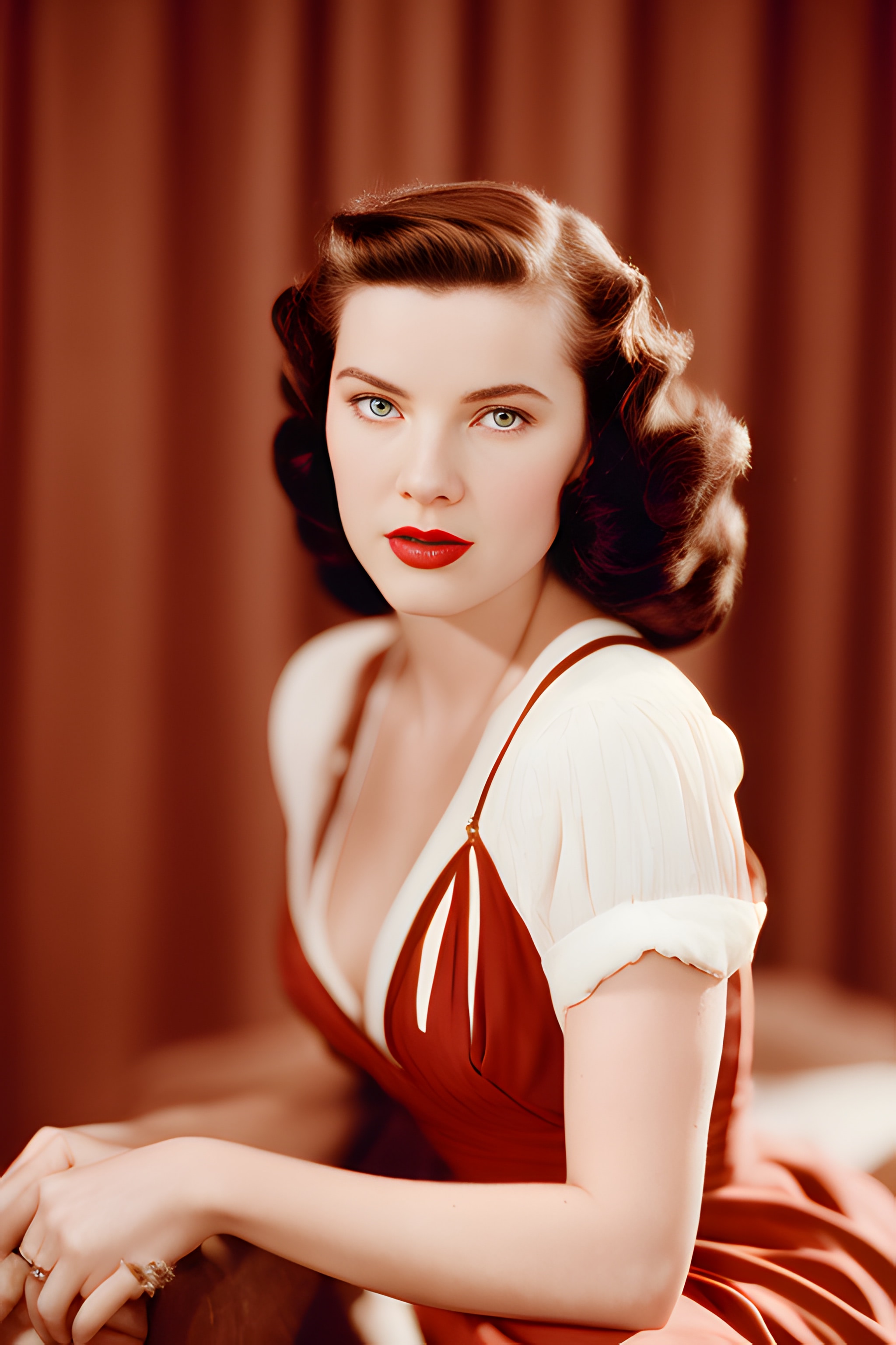 Close-up portrait of an American actress in a red dress.