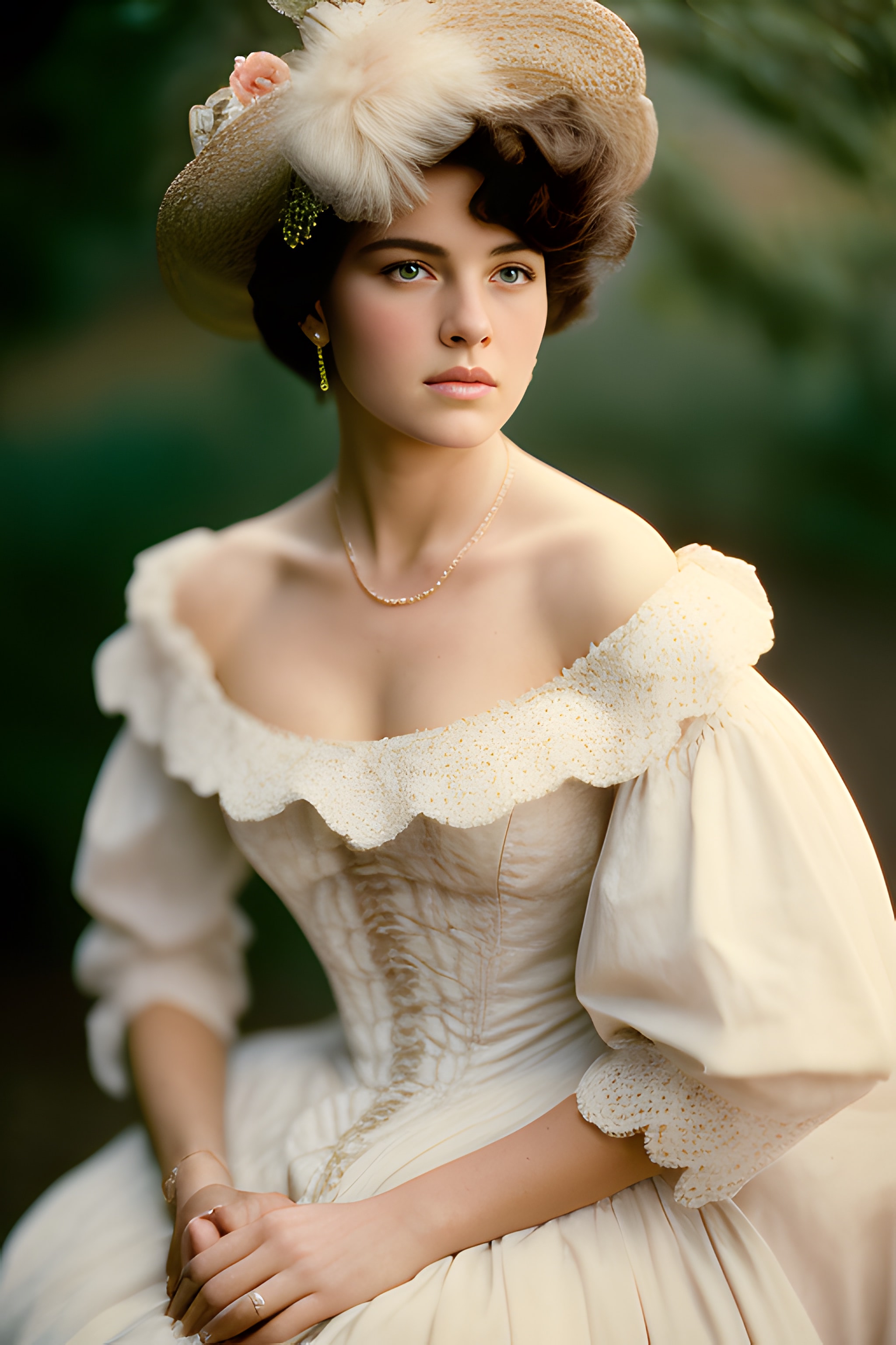 Portrait of a woman in an antique-style off-white gown and straw hat.