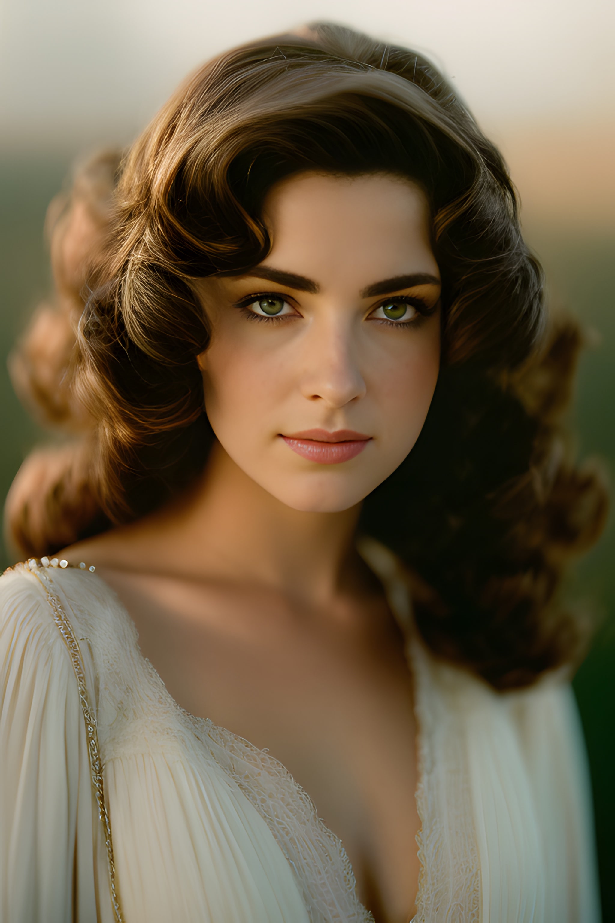 Close-up portrait of a woman with green eyes and styled brown hair, wearing an off-white dress.