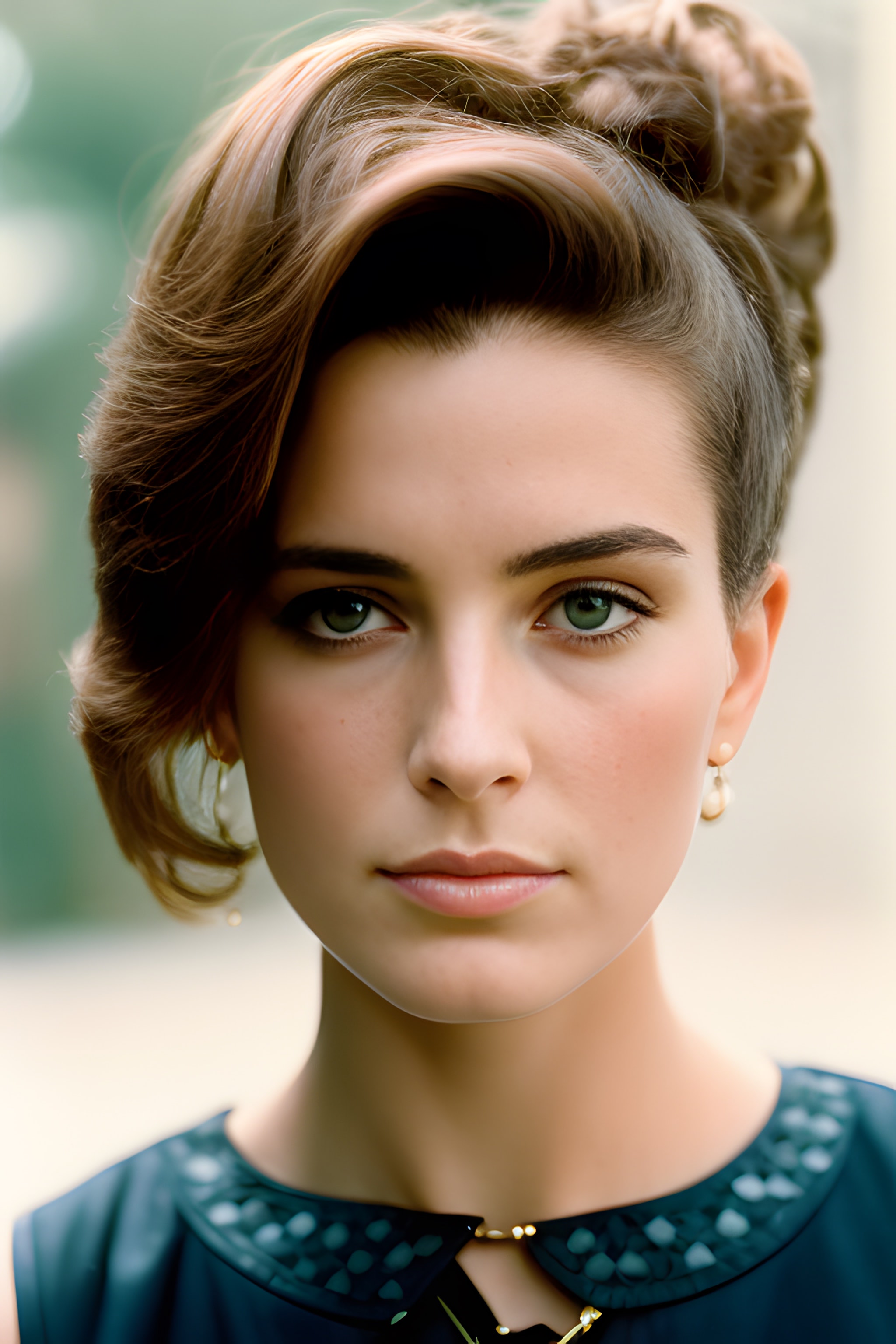 Close-up portrait of a woman with styled brown hair and green eyes, wearing a dark teal dress.