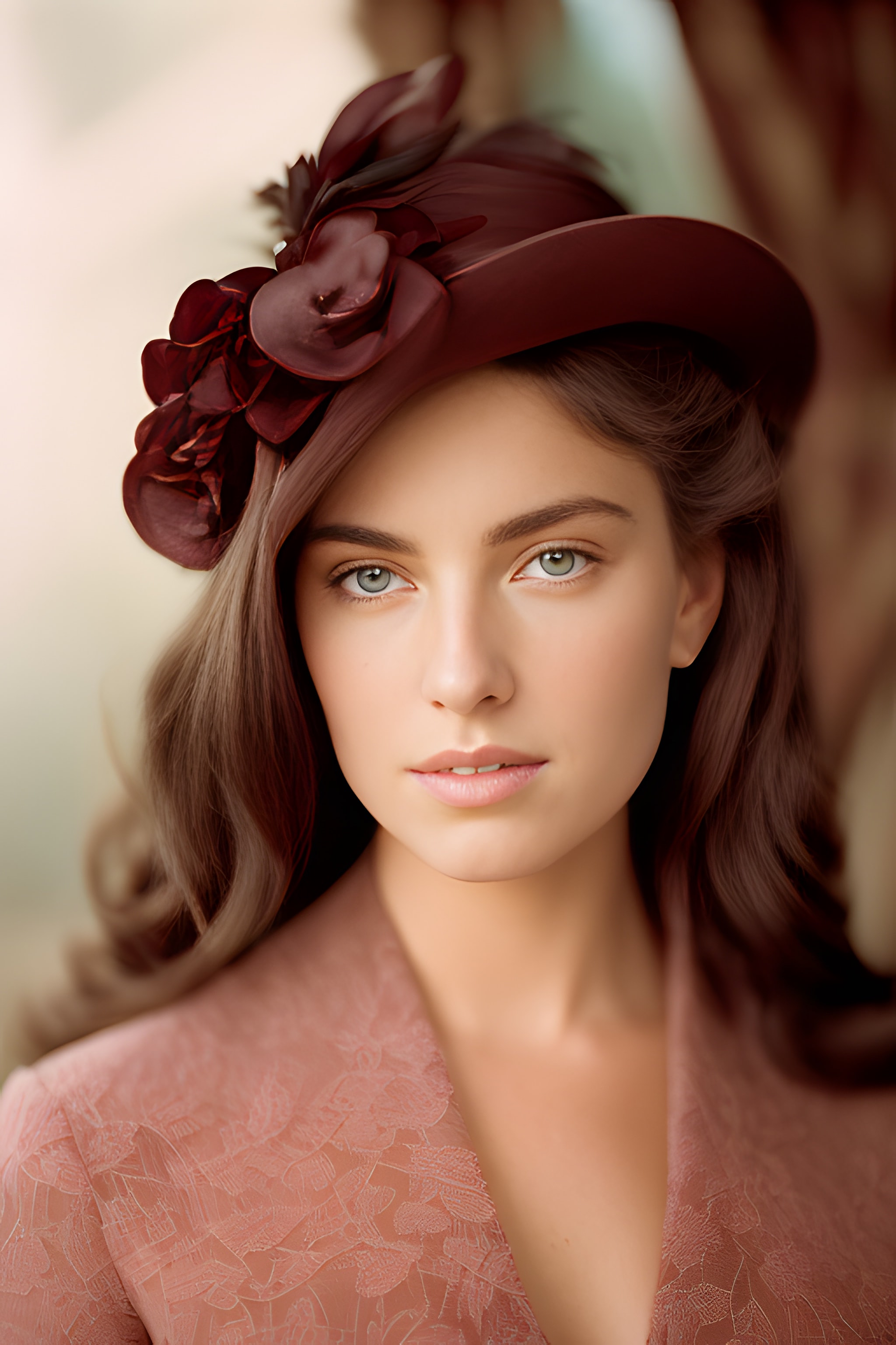 Portrait of a woman with brown hair wearing a burgundy hat adorned with flowers and a textured pink jacket.