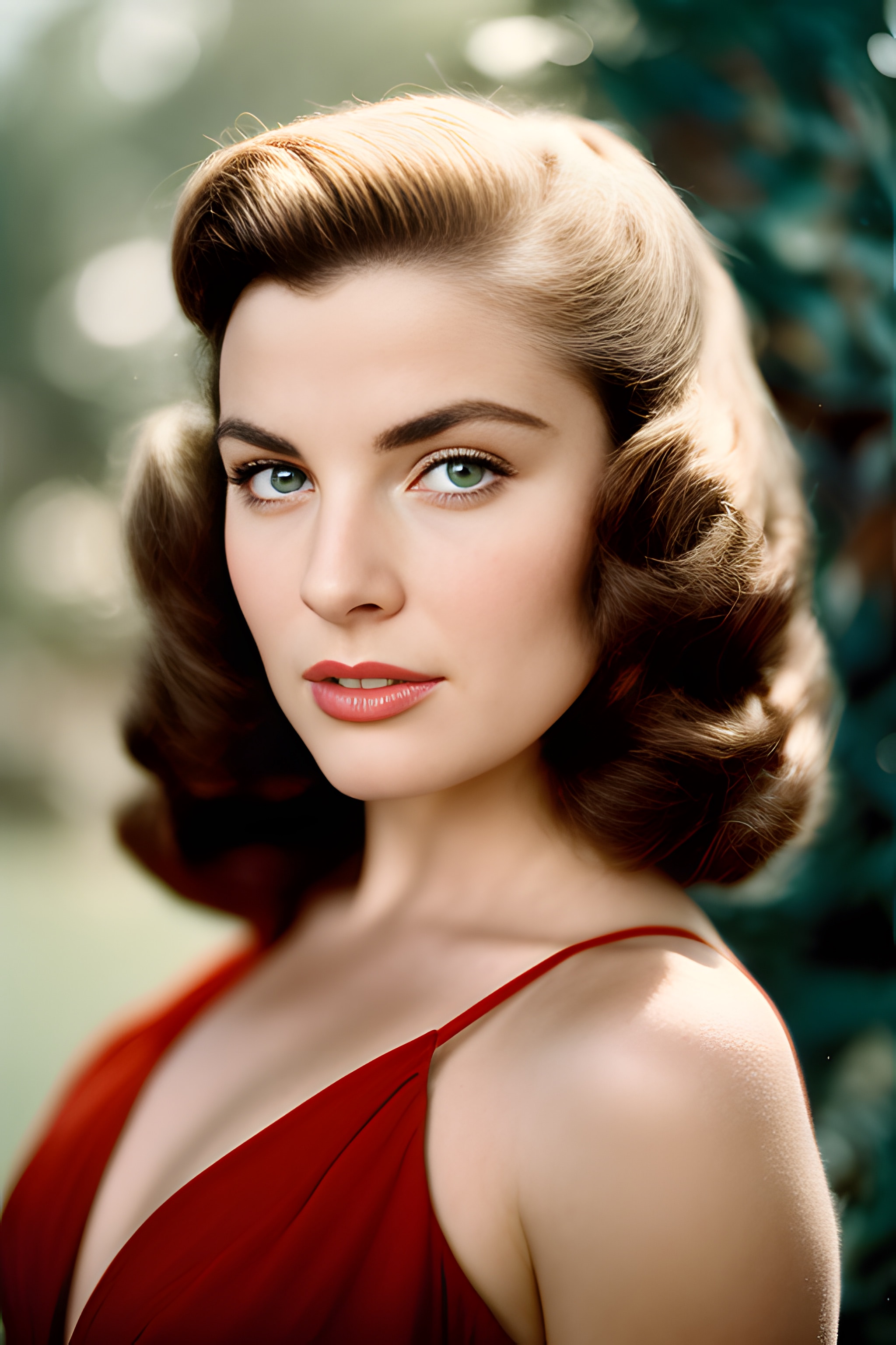 Close-up portrait of a woman with green eyes and 1940s-style hair, wearing a red dress.