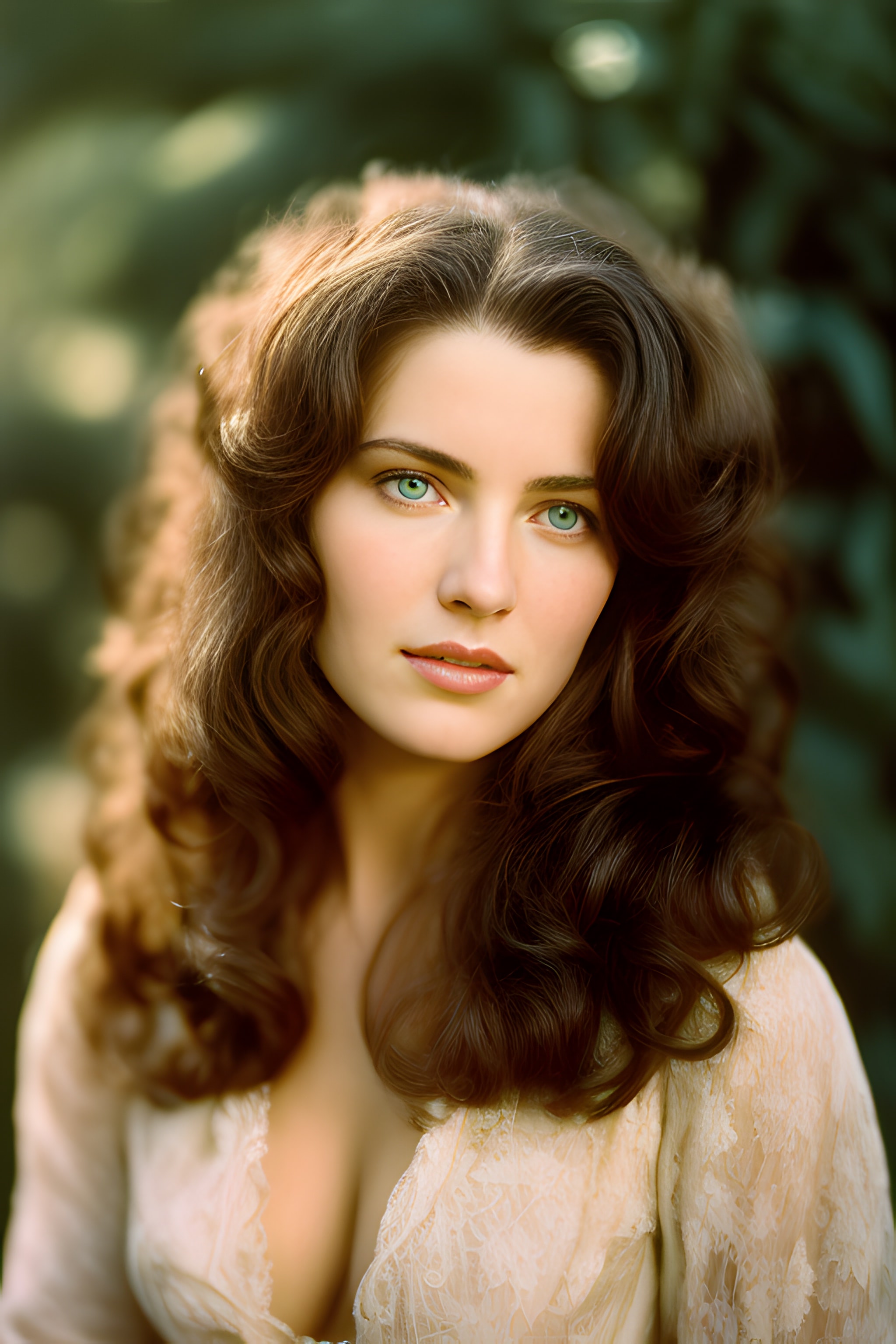 Close-up portrait of a woman with long brown curly hair and green eyes, wearing a beige lace dress.