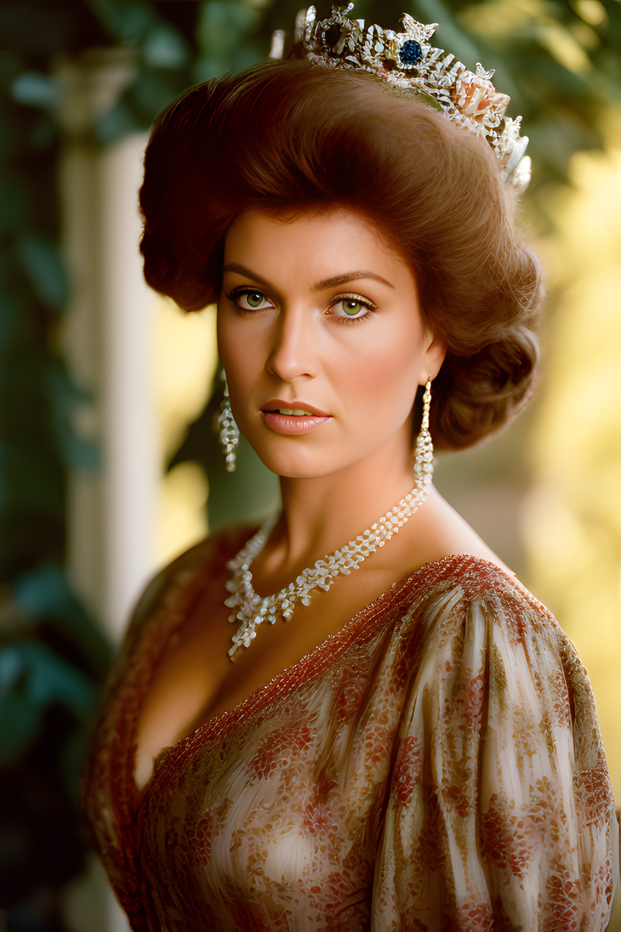 Portrait of a woman wearing a crown, necklace, earrings, and a patterned dress.