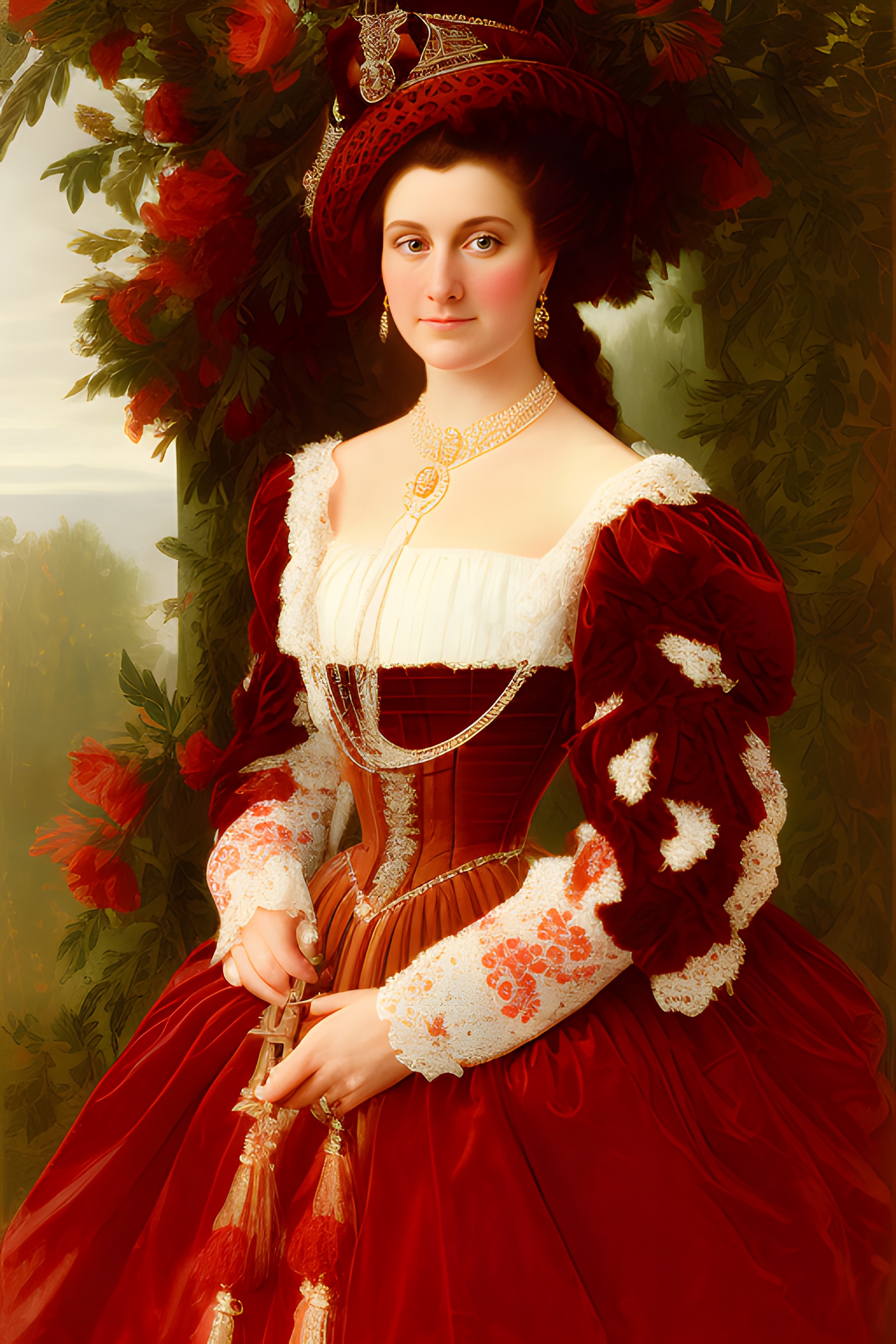 Portrait of a woman in a red velvet gown and ornate headdress.