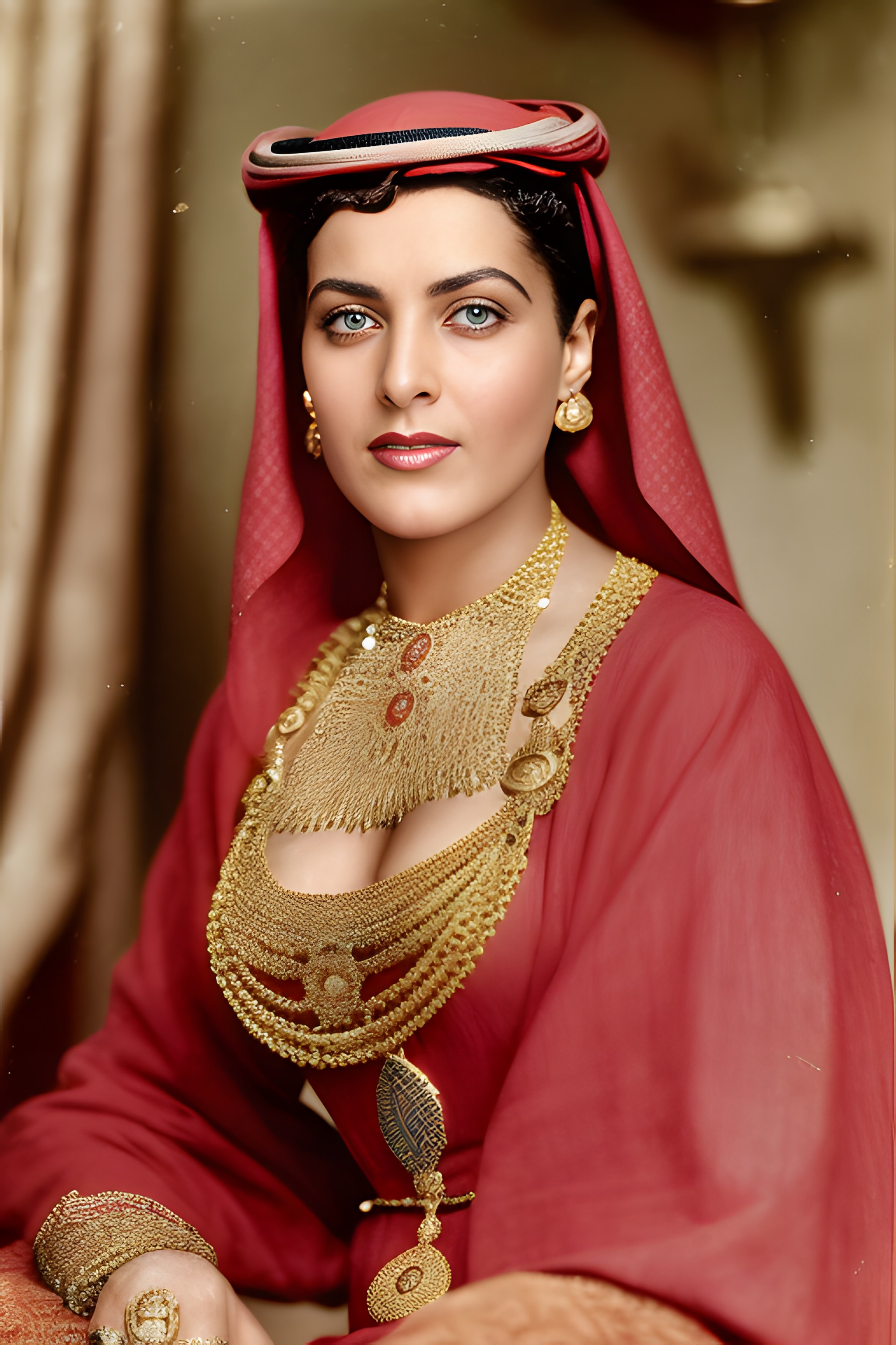 Portrait of an Arabic actress wearing a red robe and ornate gold jewelry.