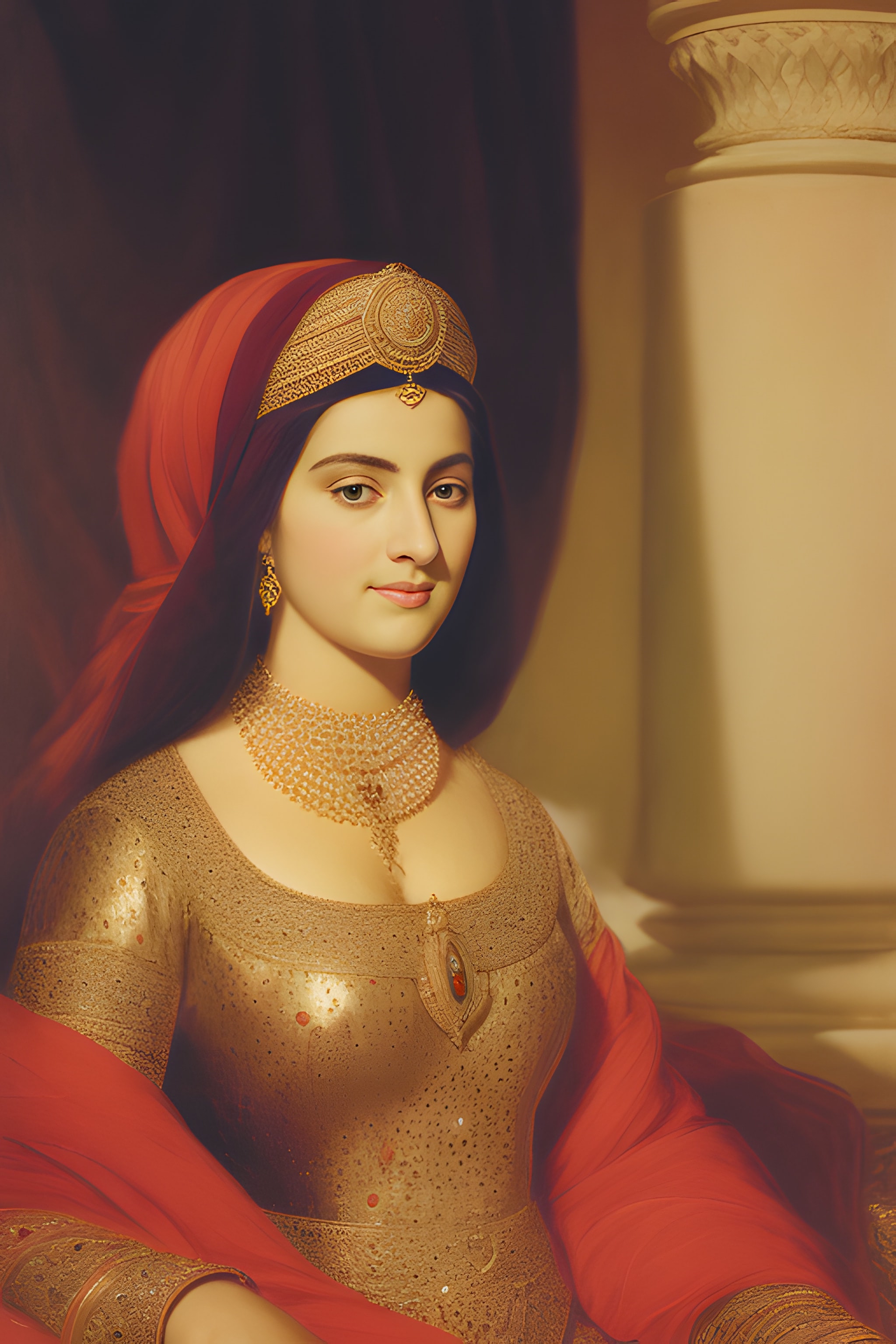 Portrait of an Arabic queen wearing gold jewelry and a red head covering.