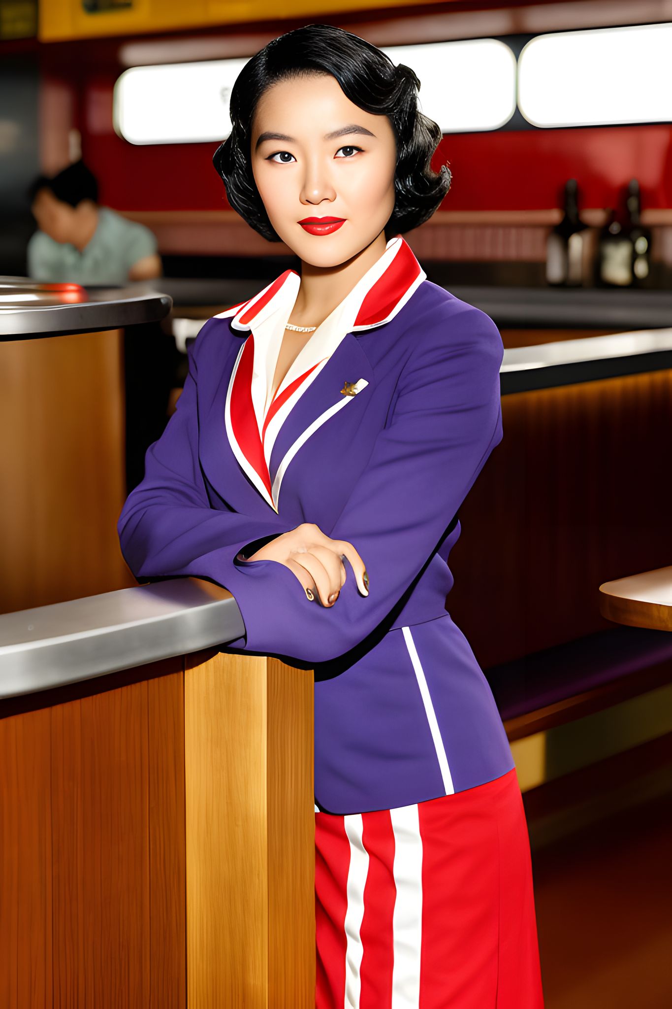 Portrait of an Asian American actress in a purple and red uniform.