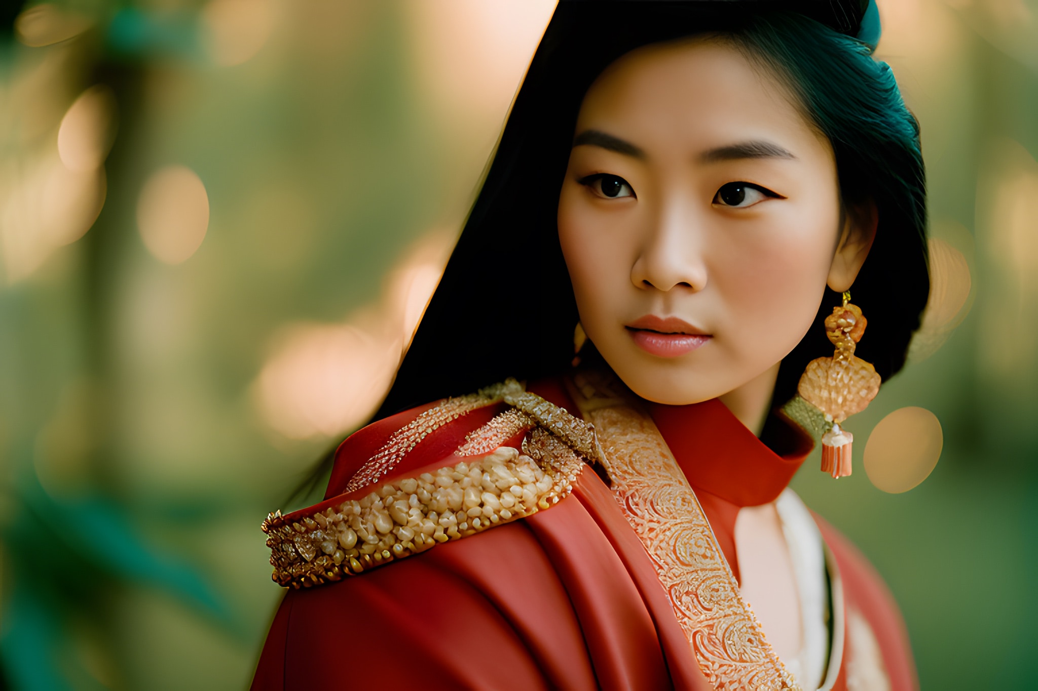 Portrait of a young Asian woman in a red ornate gown.