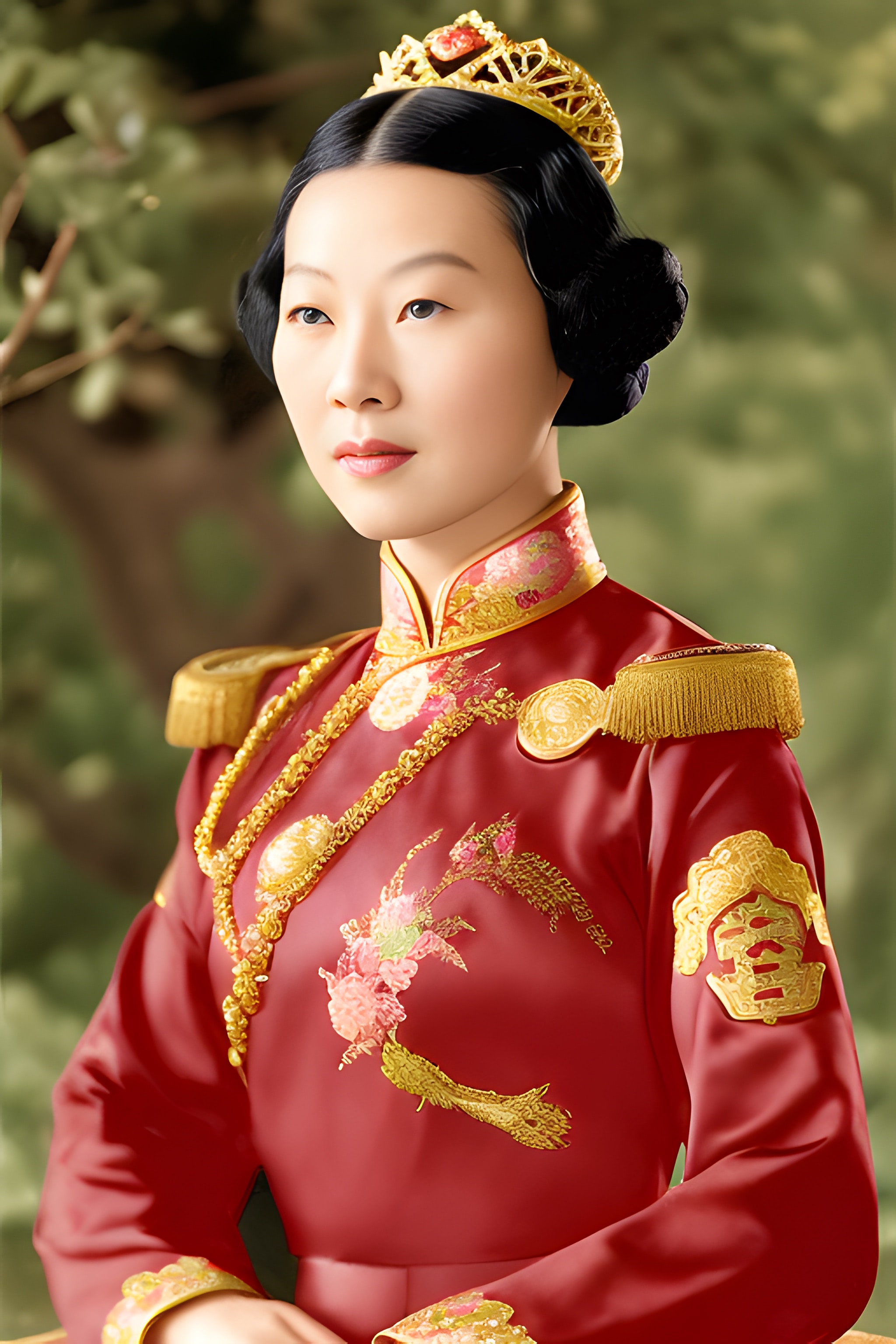 Portrait of a Chinese queen in a red embroidered robe and gold crown.