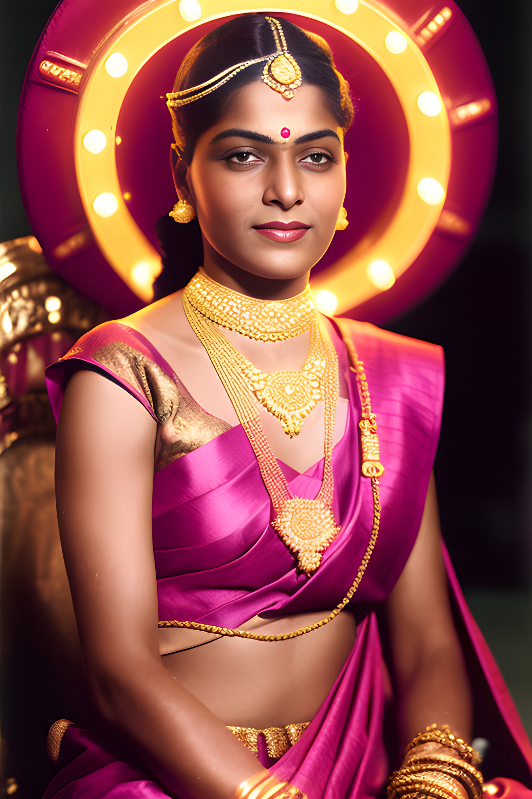 Portrait of a woman in a pink sari and elaborate gold jewelry.