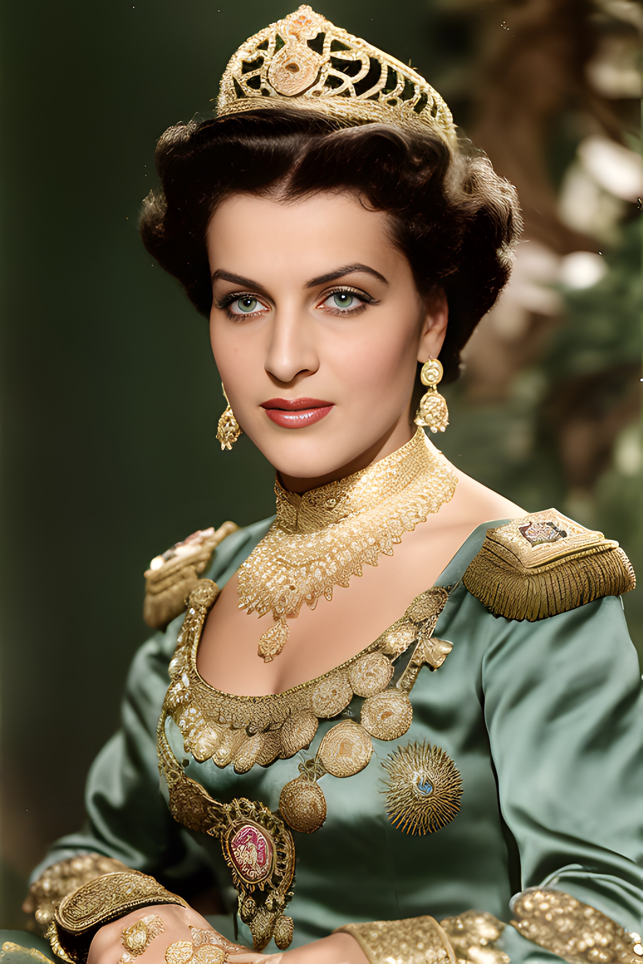 Portrait of a woman wearing a crown and ornate gold jewelry.