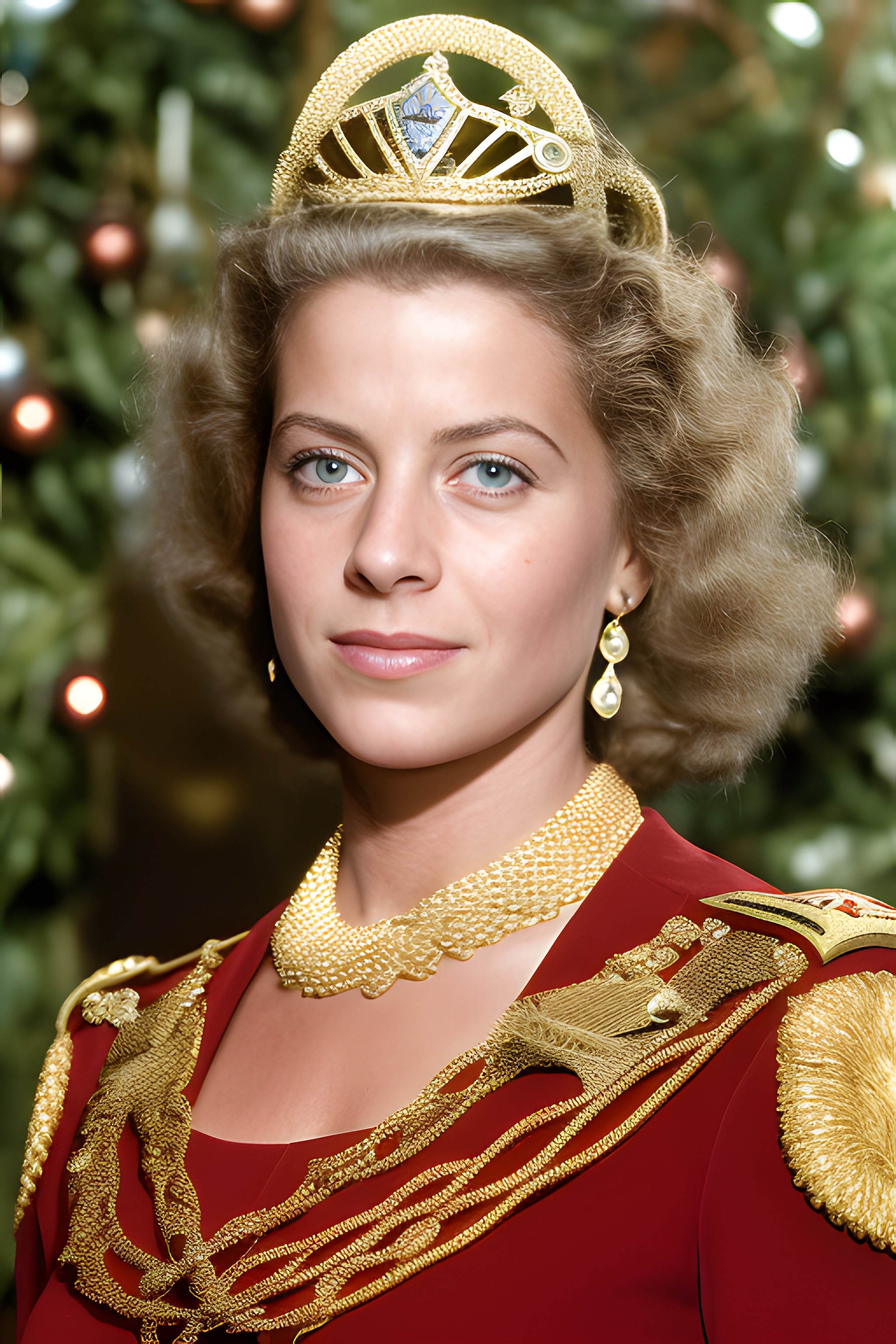 Portrait of a woman wearing a gold crown and ornate red and gold uniform.
