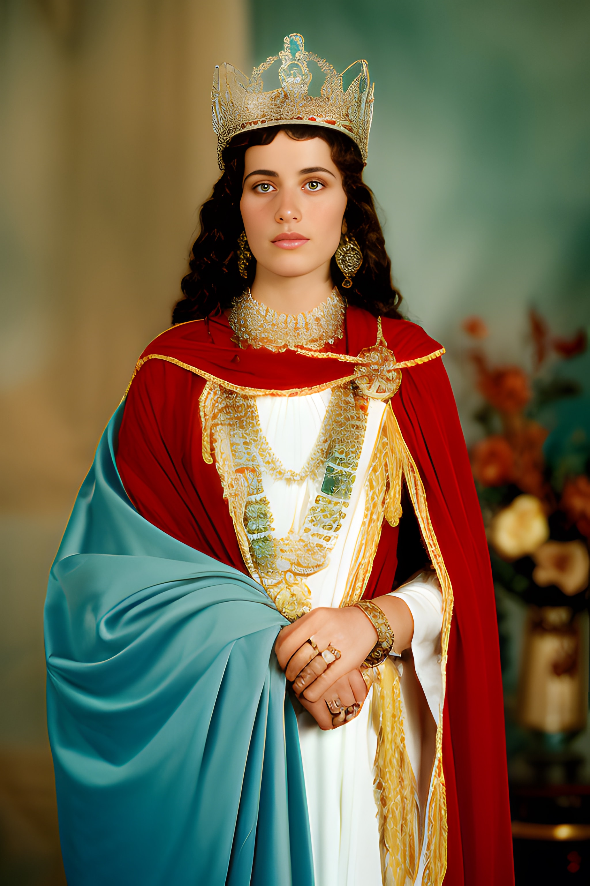 Portrait of a queen wearing a crown, red and teal robe, and ornate jewelry.