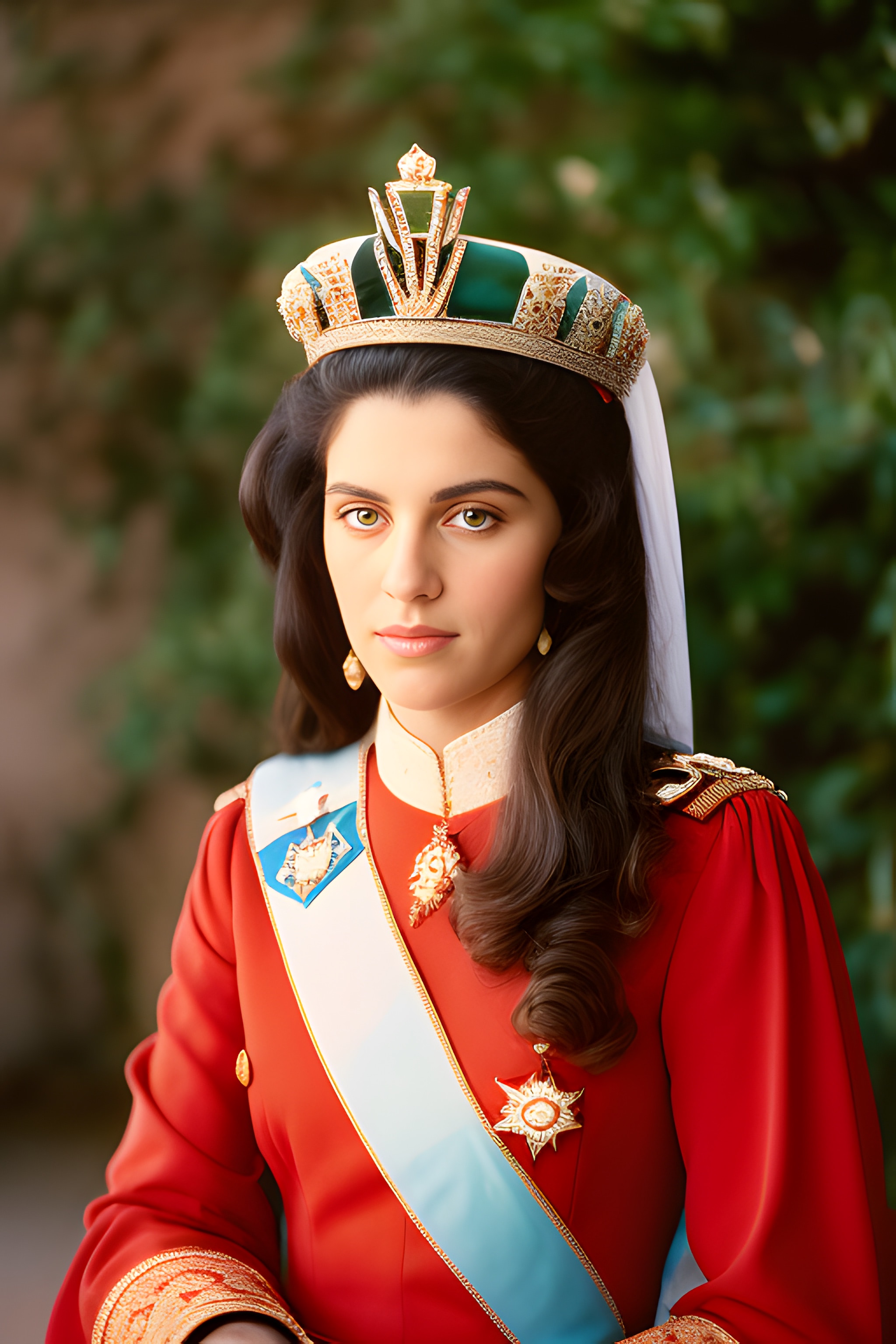 Portrait of a queen wearing a red robe, a light blue sash, a gold crown, and a veil.