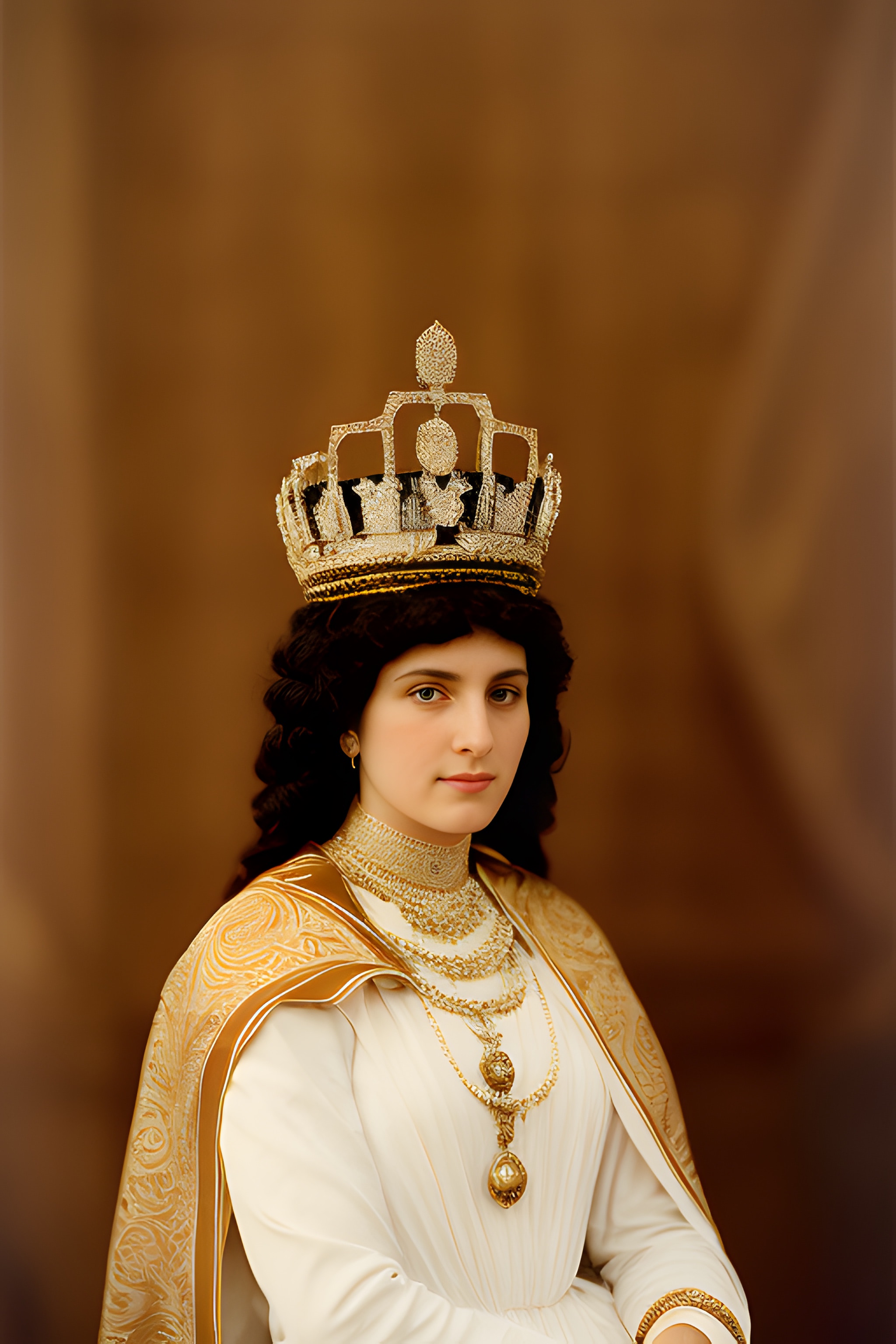 Portrait of a queen wearing a gold crown and ornate jewelry.
