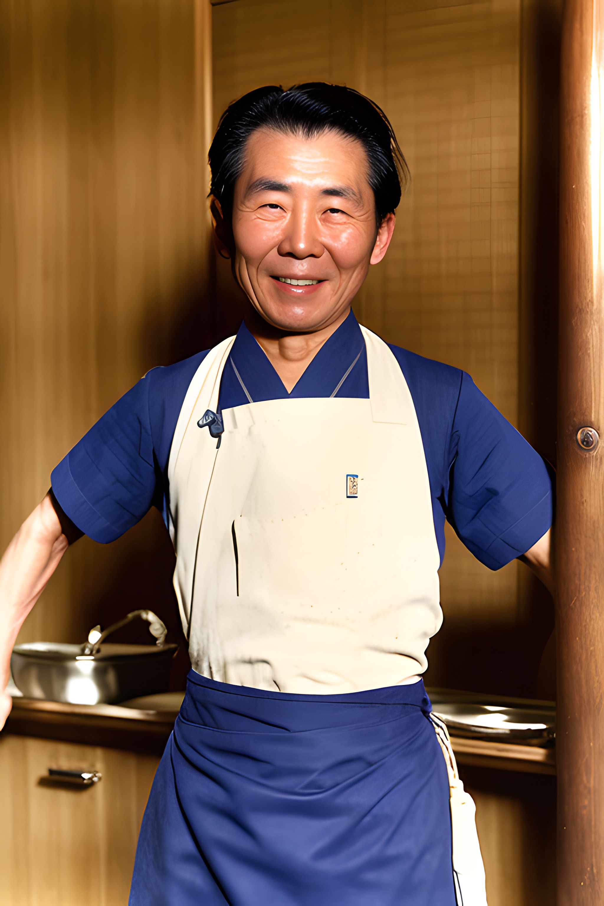 Portrait of a smiling Japanese baker in a blue uniform and cream apron.