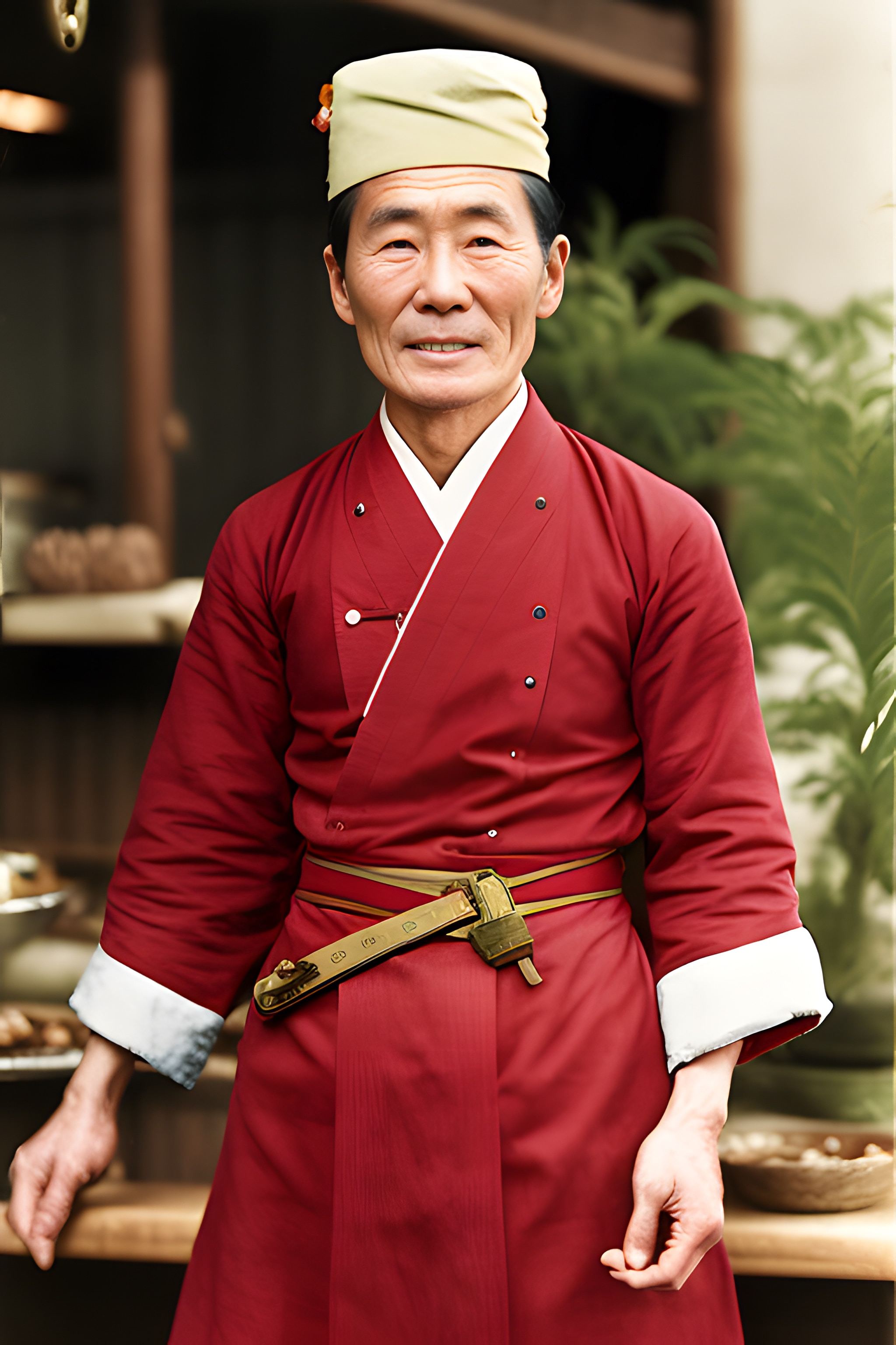 Portrait of a Japanese baker in a red uniform and traditional hat.