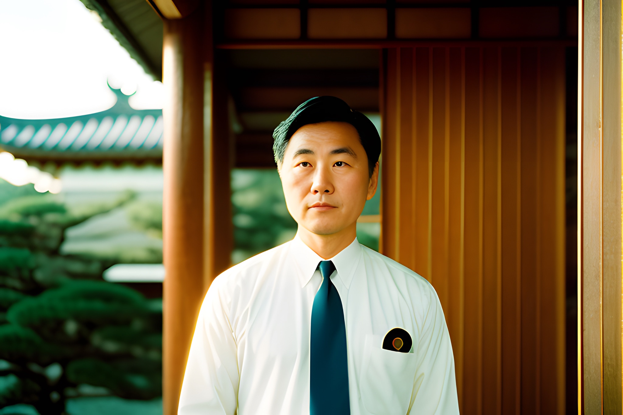 Portrait of a Japanese office worker in a white shirt and dark tie, standing outdoors near a traditional building.