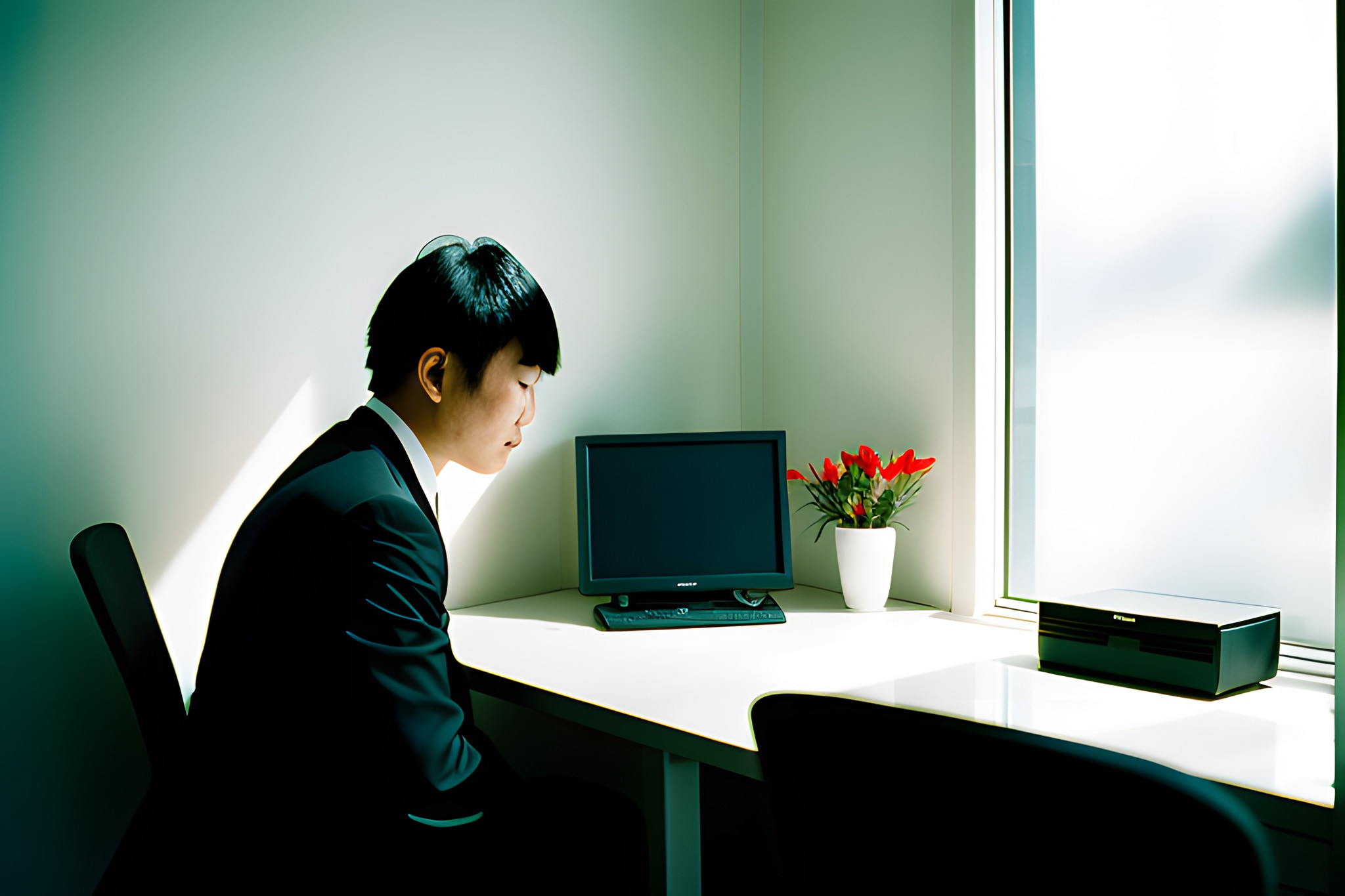 A young Japanese office worker sits at a desk, looking down at a computer monitor.