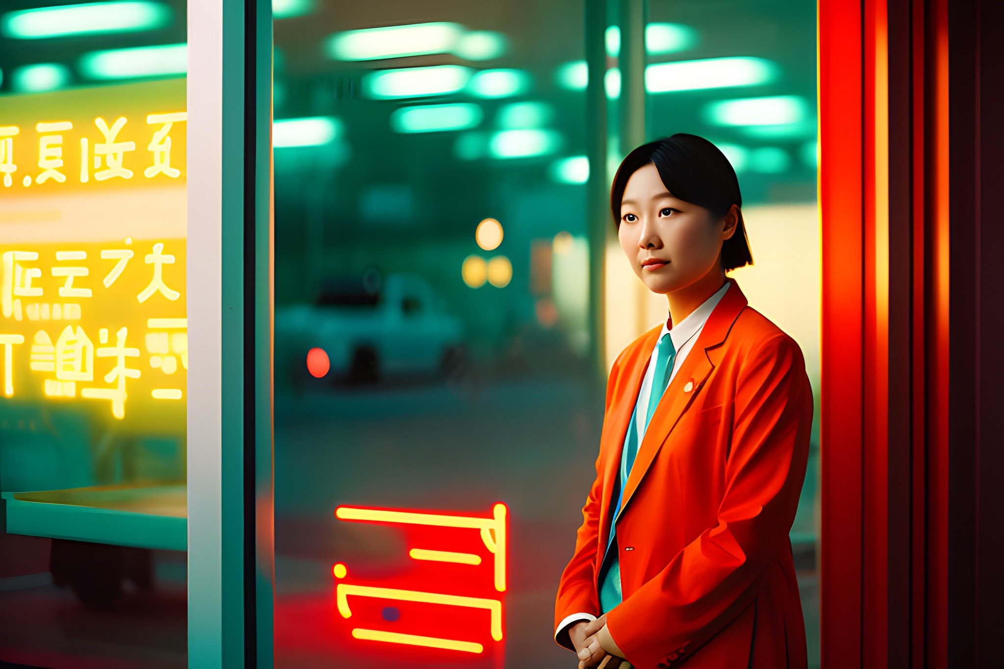 Portrait of a young Japanese office worker in a bright orange suit standing in front of a neon-lit storefront.