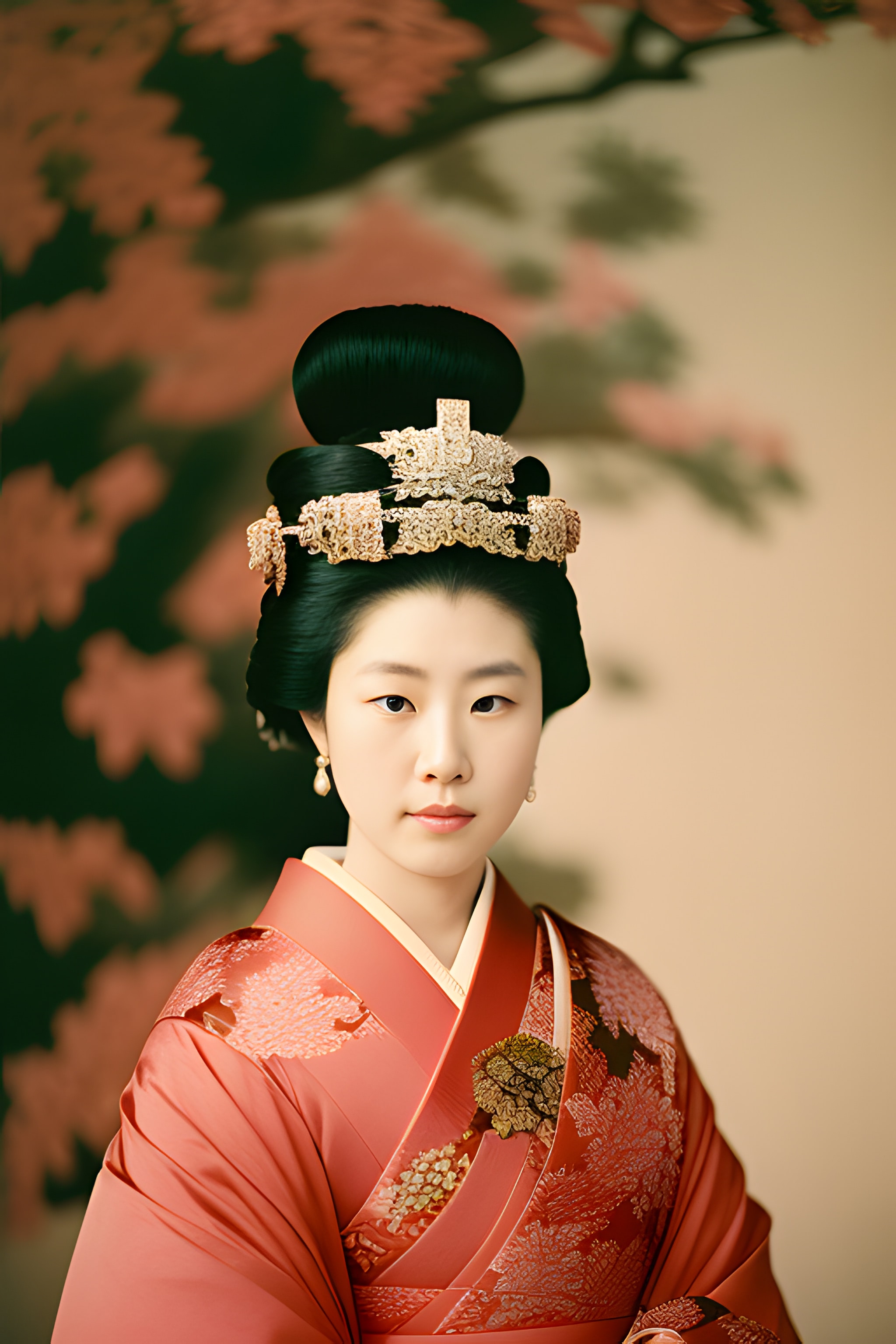 Portrait of a young woman in a traditional Japanese kimono and ornate headdress.