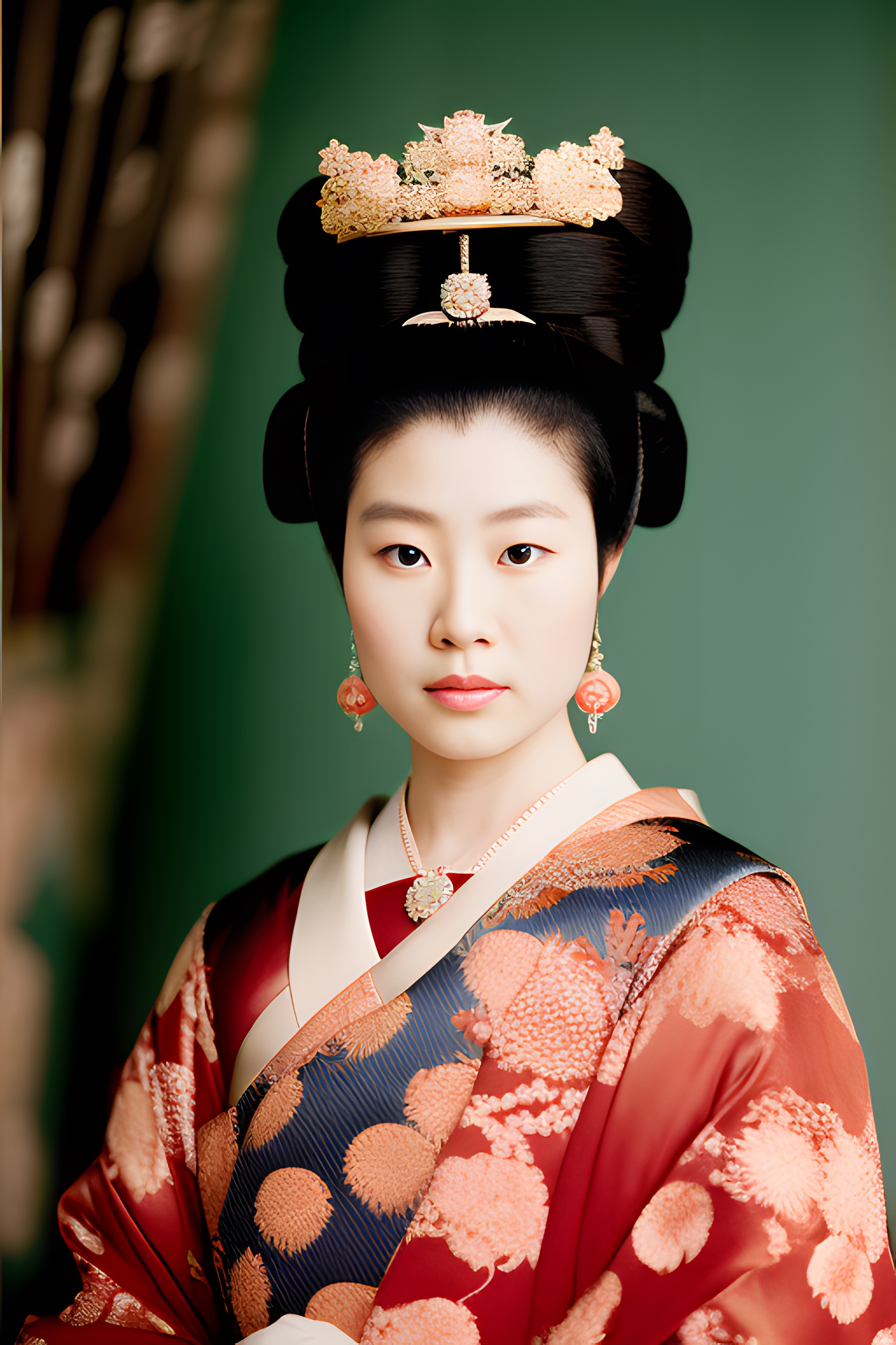 Portrait of a young woman in a red and gold Japanese kimono and elaborate headdress.