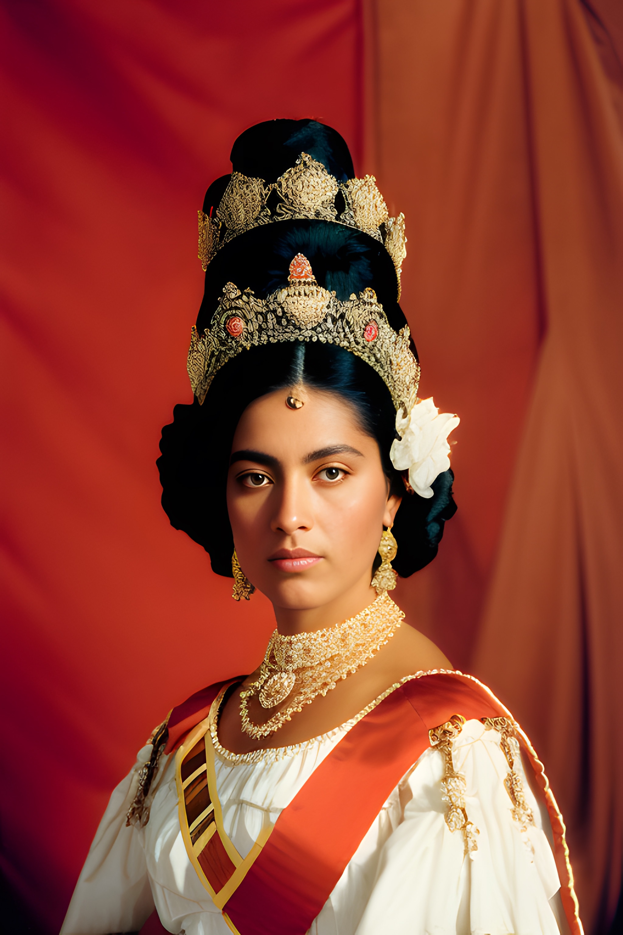 Portrait of a woman wearing a large ornate gold crown and elaborate gold jewelry, against a red background.