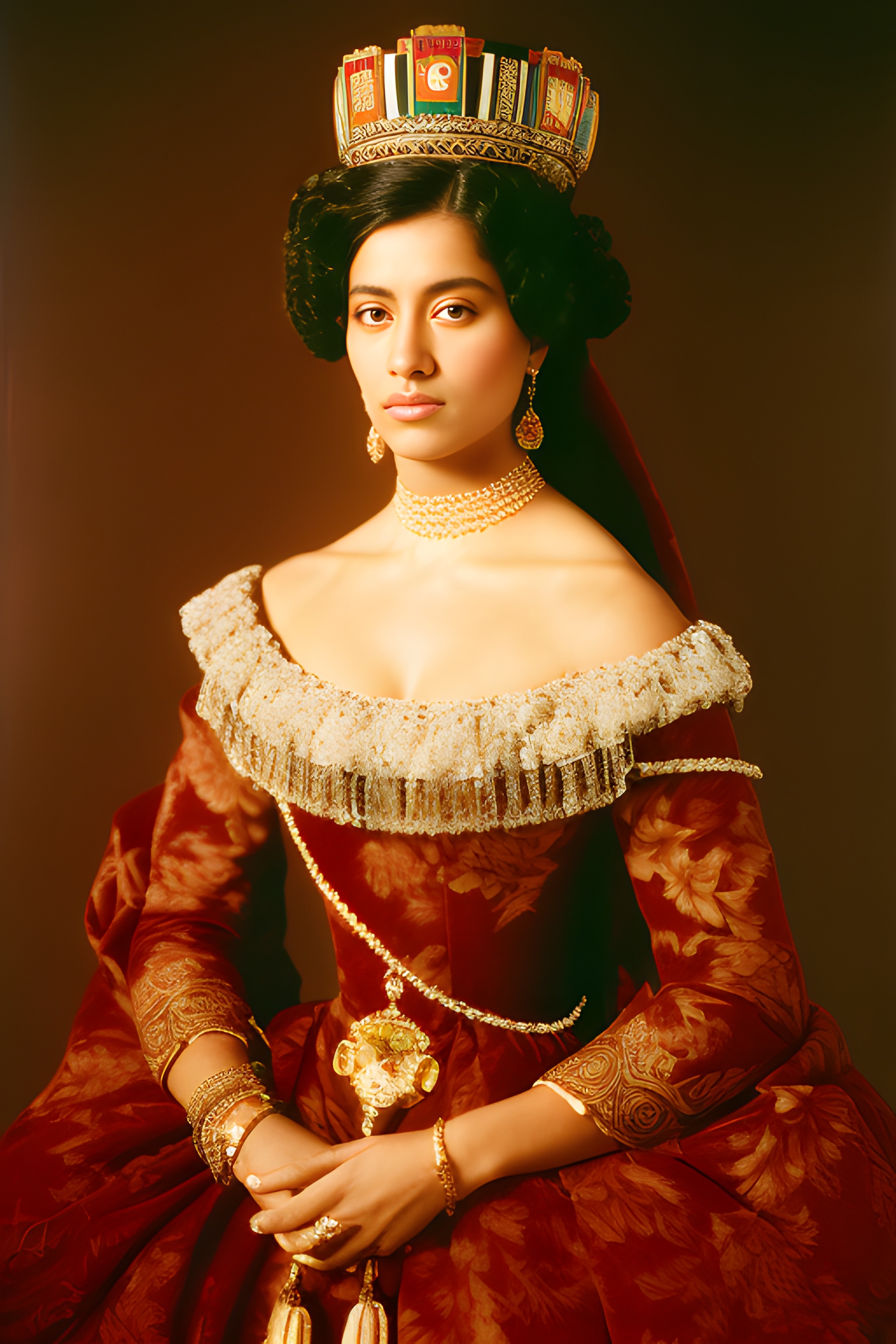 Portrait of a woman wearing a crown and ornate red gown.