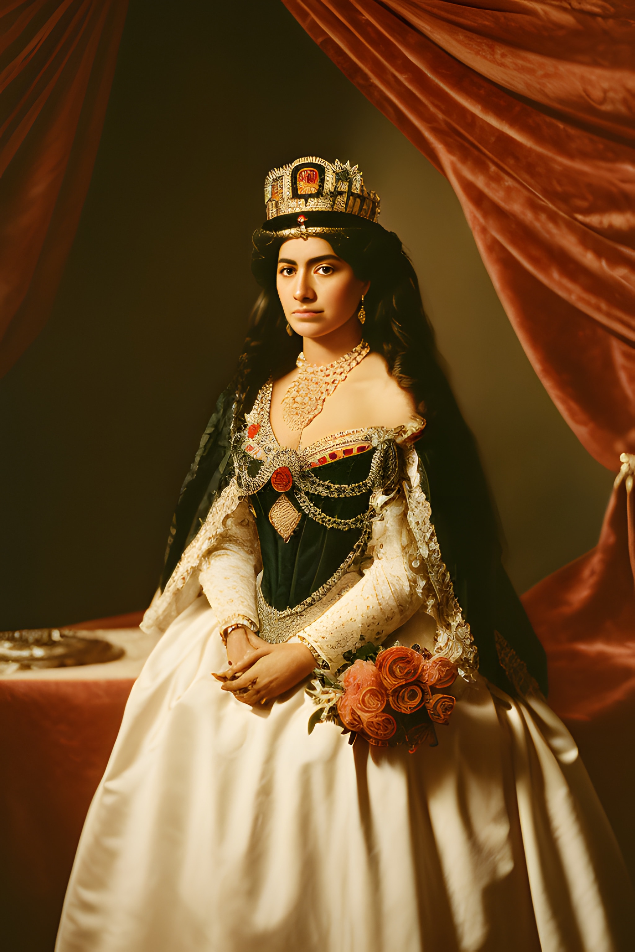 Portrait of a woman in a queen's gown and crown.