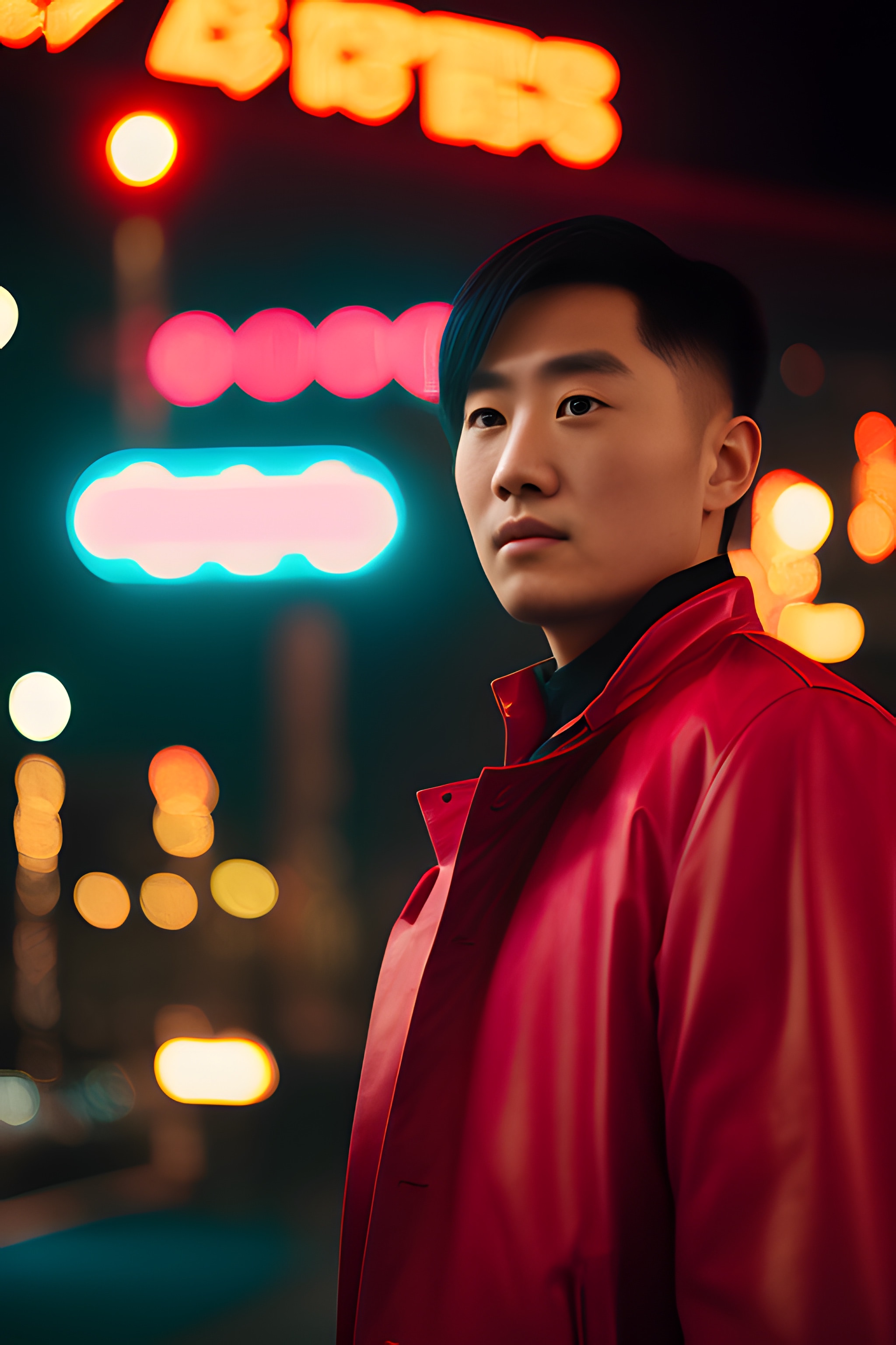 Portrait of a young Asian man in a red coat at night, with neon lights blurred in the background.