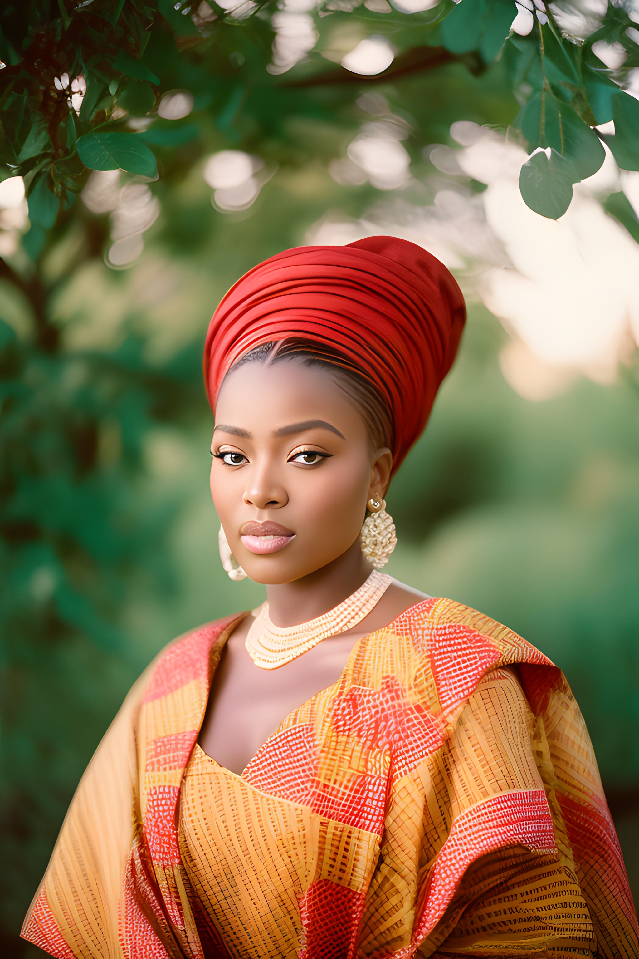 Portrait of a Nigerian queen wearing a red headwrap and gold and red patterned clothing.
