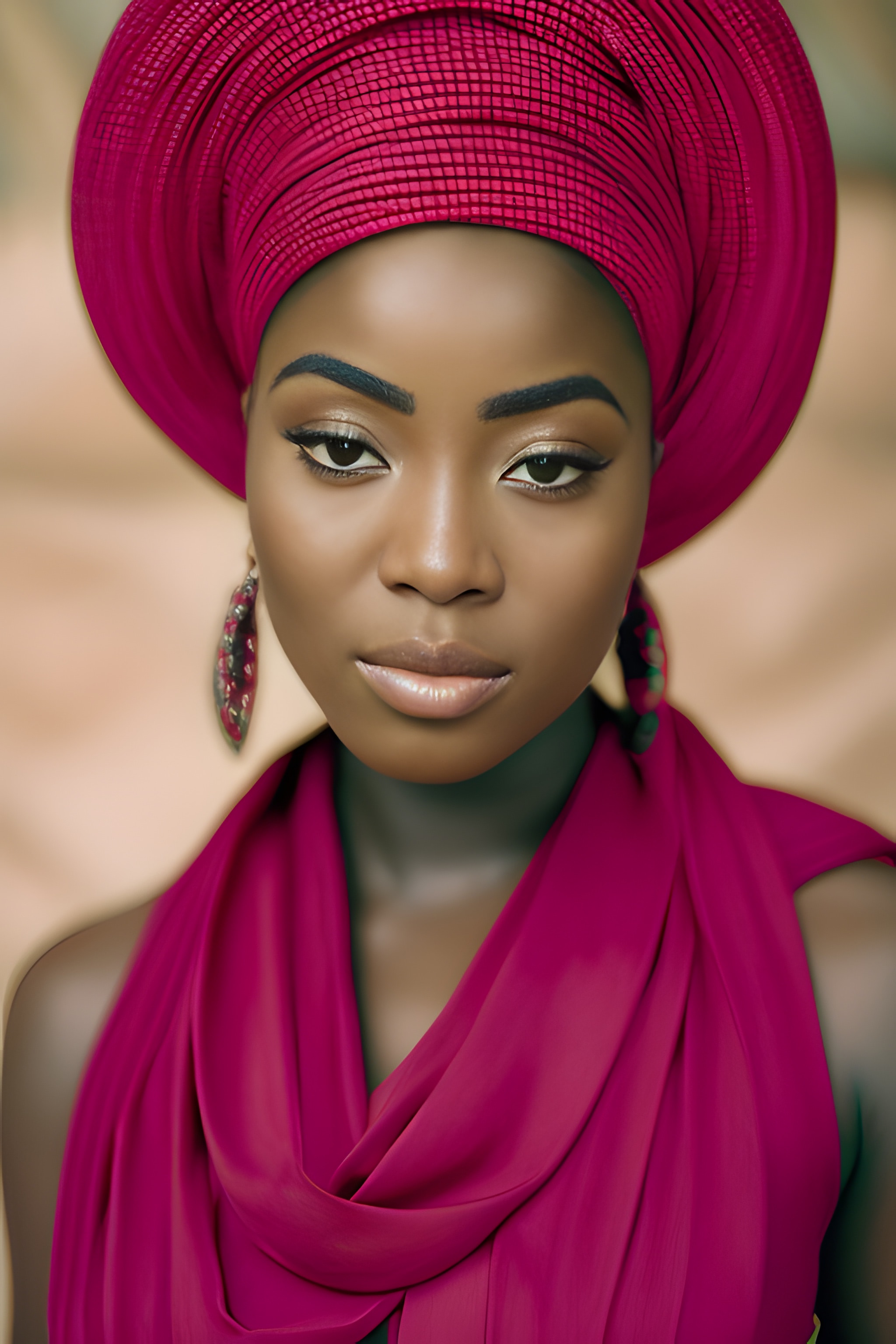 Portrait of a Nigerian queen wearing a vibrant pink headwrap and matching draped fabric.