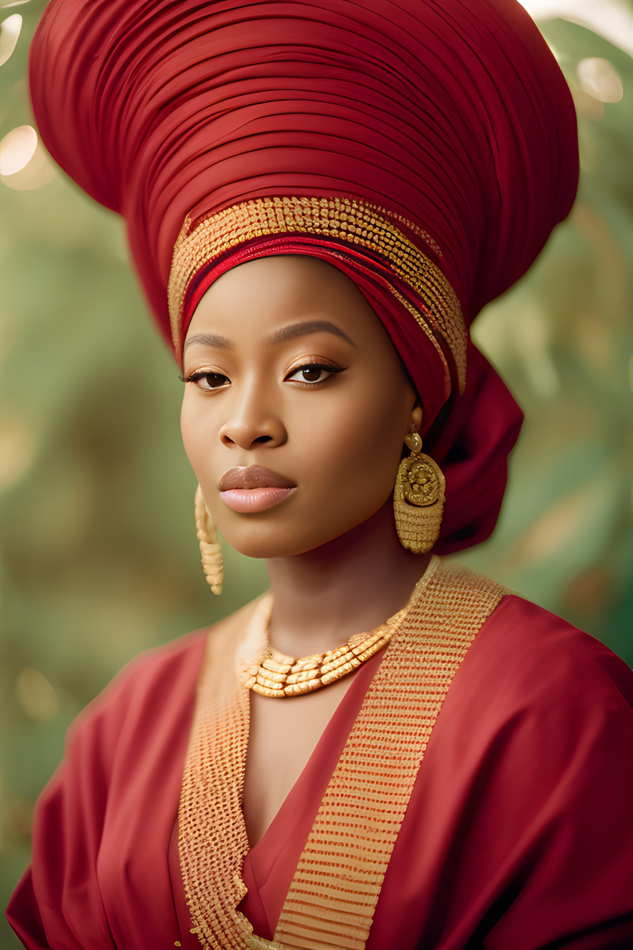 Portrait of a Nigerian queen wearing a red headwrap and gold jewelry.