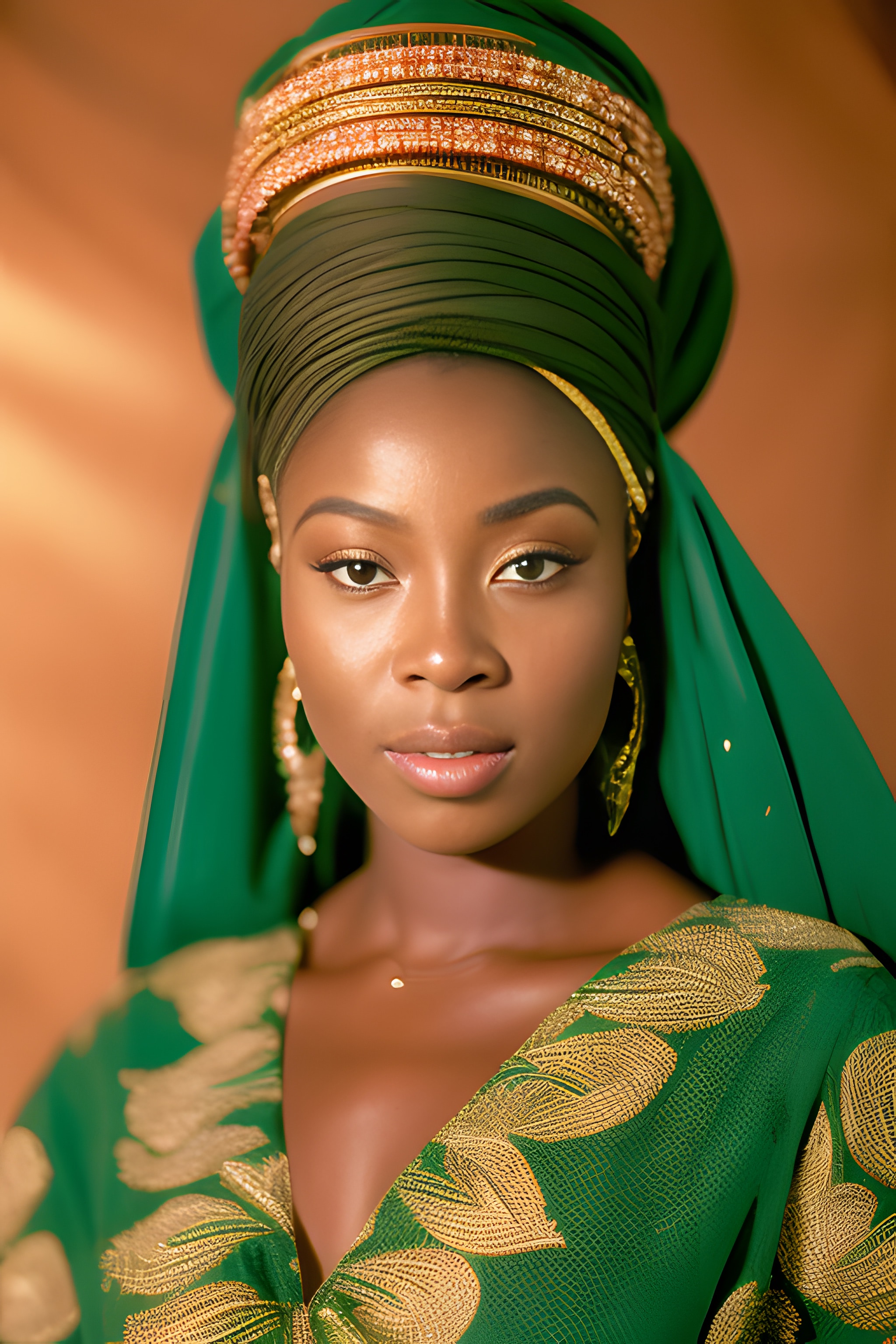 Portrait of a Nigerian queen wearing a green headwrap and dress adorned with gold embroidery.