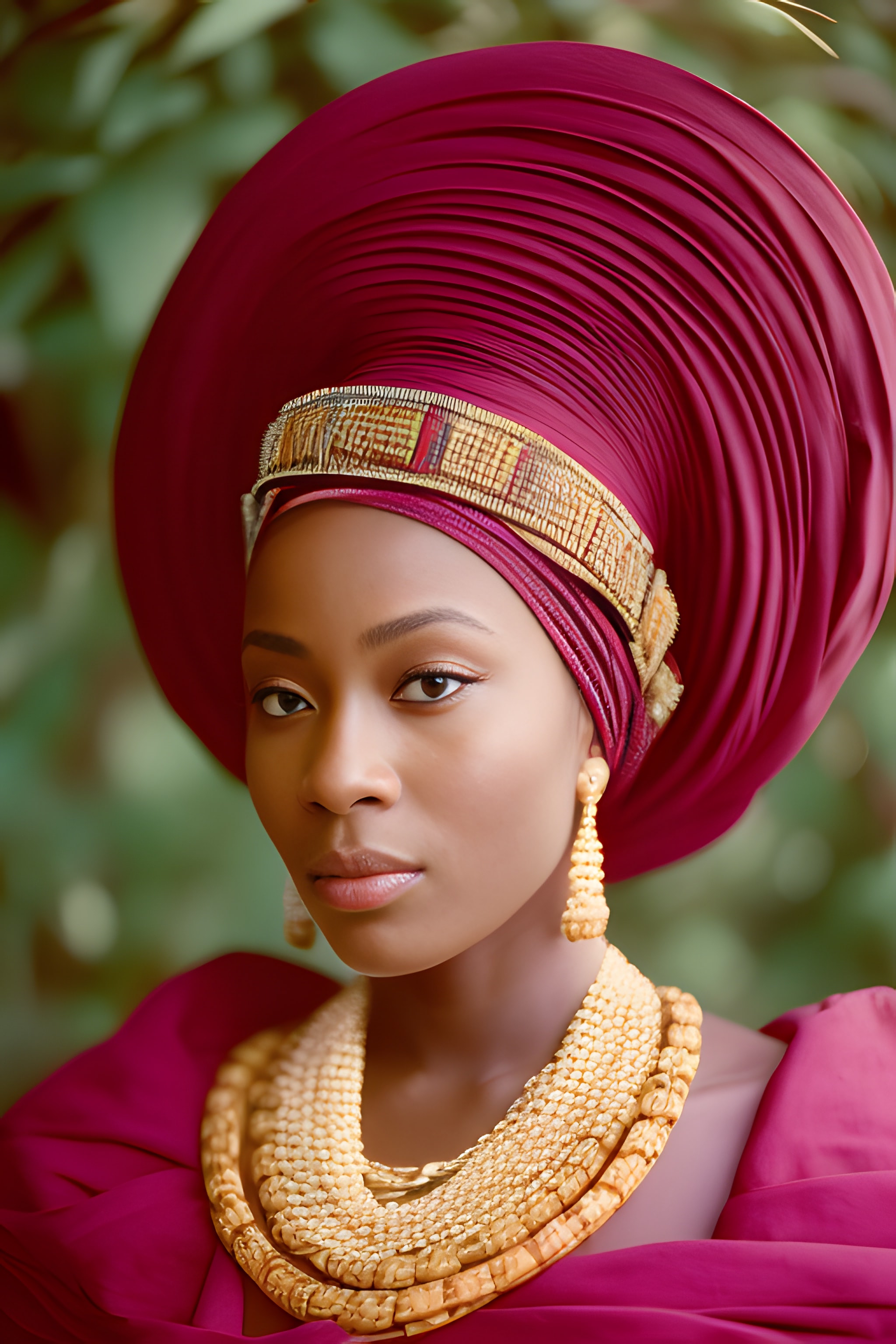 Portrait of a Nigerian queen wearing a large, crimson headwrap and ornate gold jewelry.