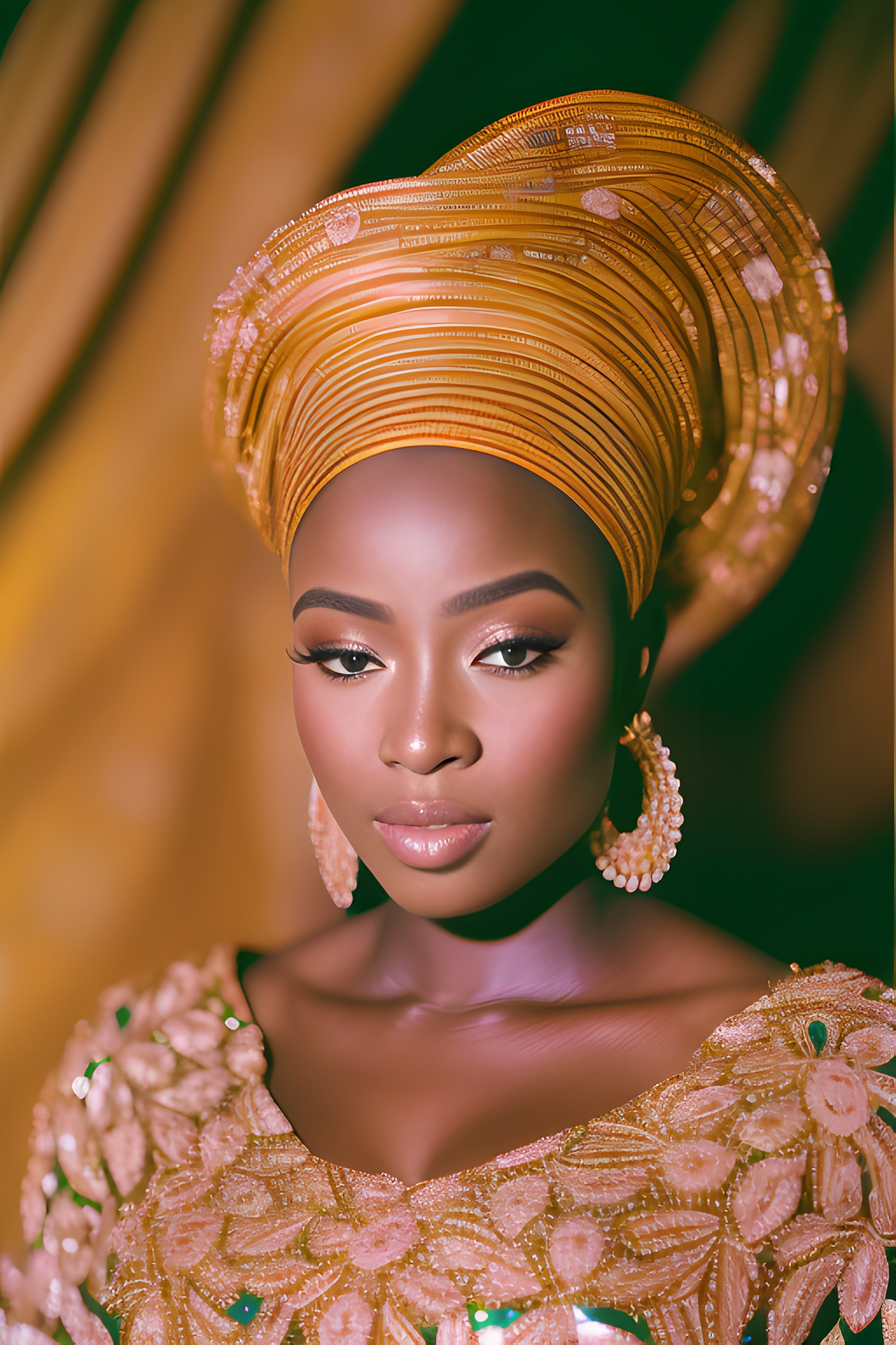 Portrait of a Nigerian queen wearing a gold headwrap and matching ornate dress.