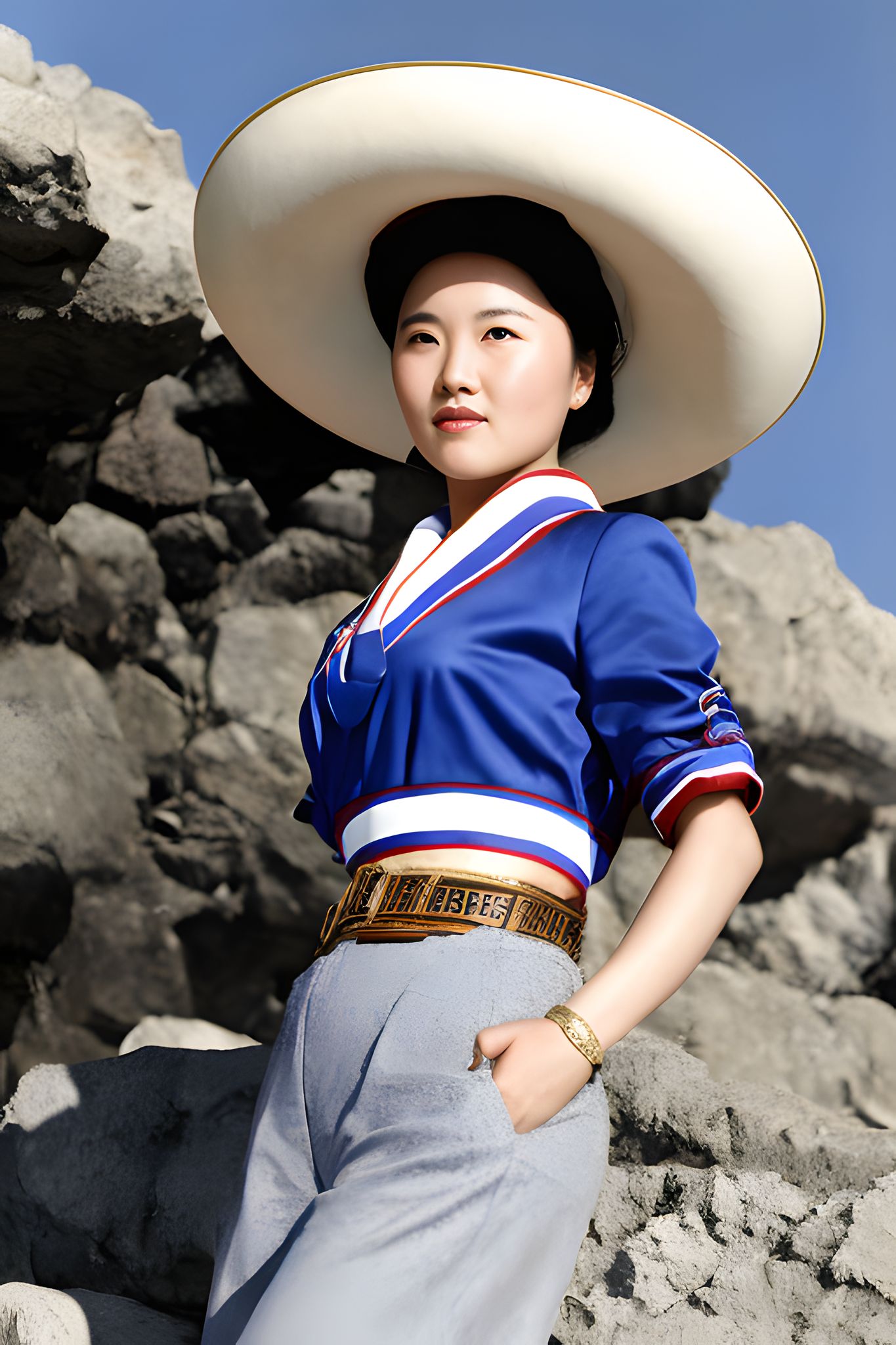 Portrait of a North Korean actress wearing a large white hat and blue top.