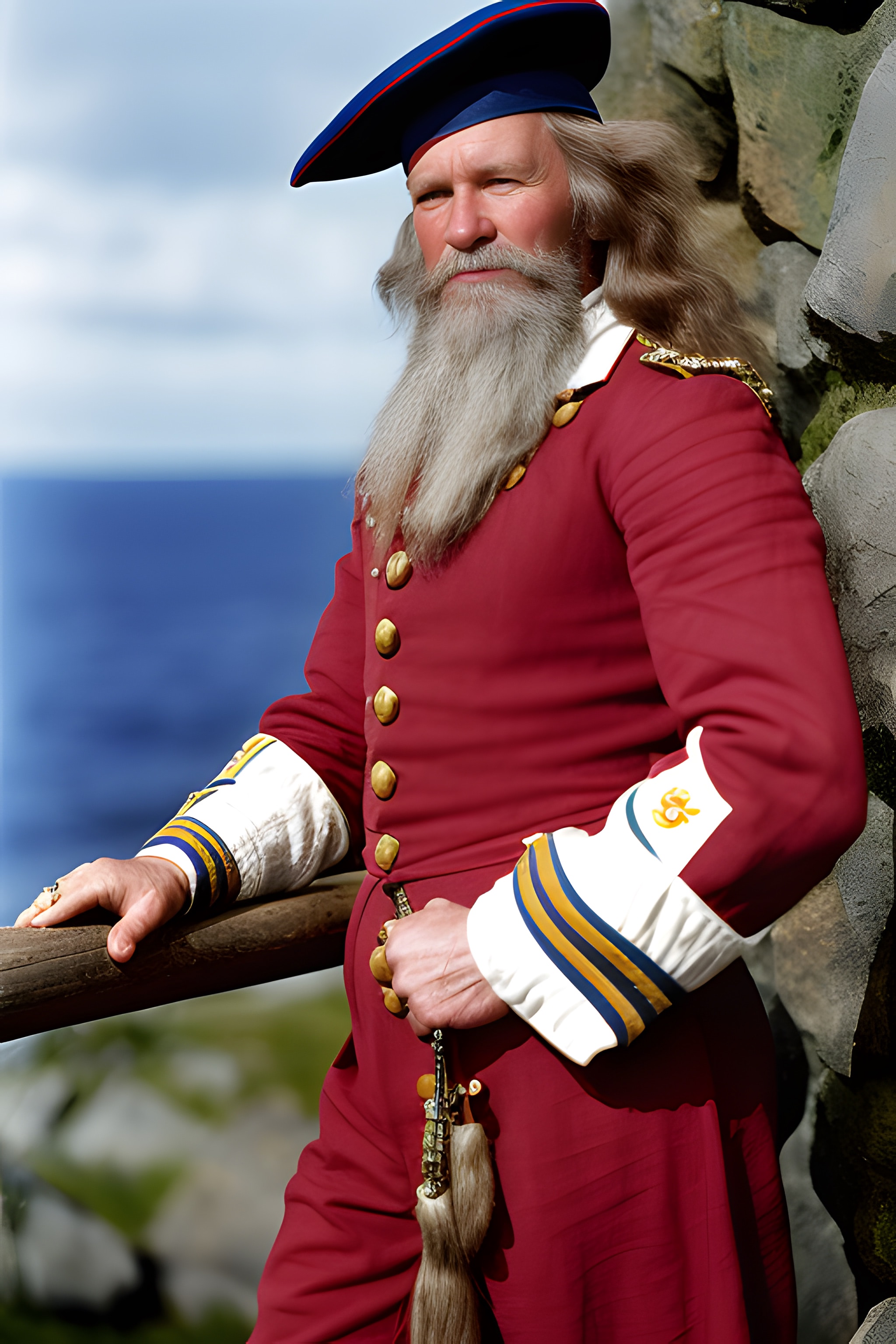 Portrait of a Norwegian sailor with long gray hair and beard, wearing a red coat and blue cap.