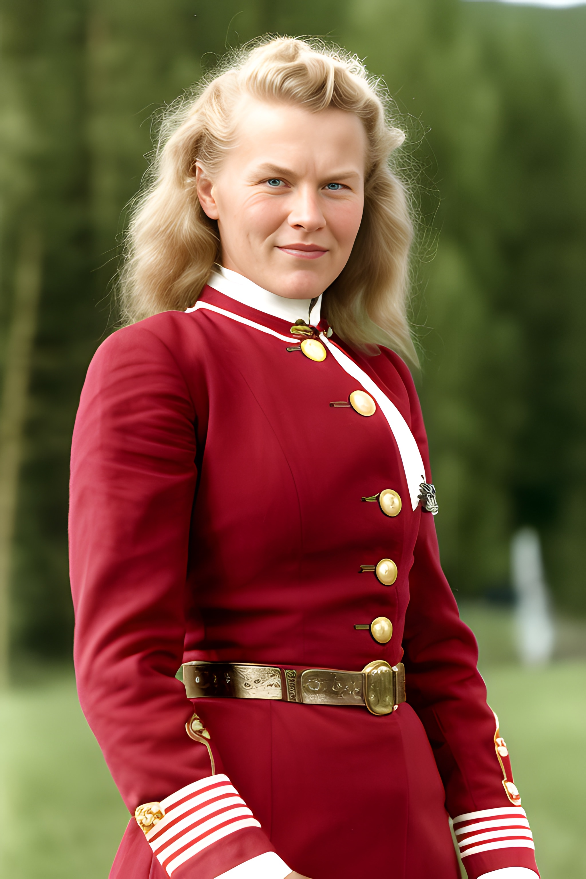 Portrait of a blonde woman in a red uniform with gold buttons and a belt.