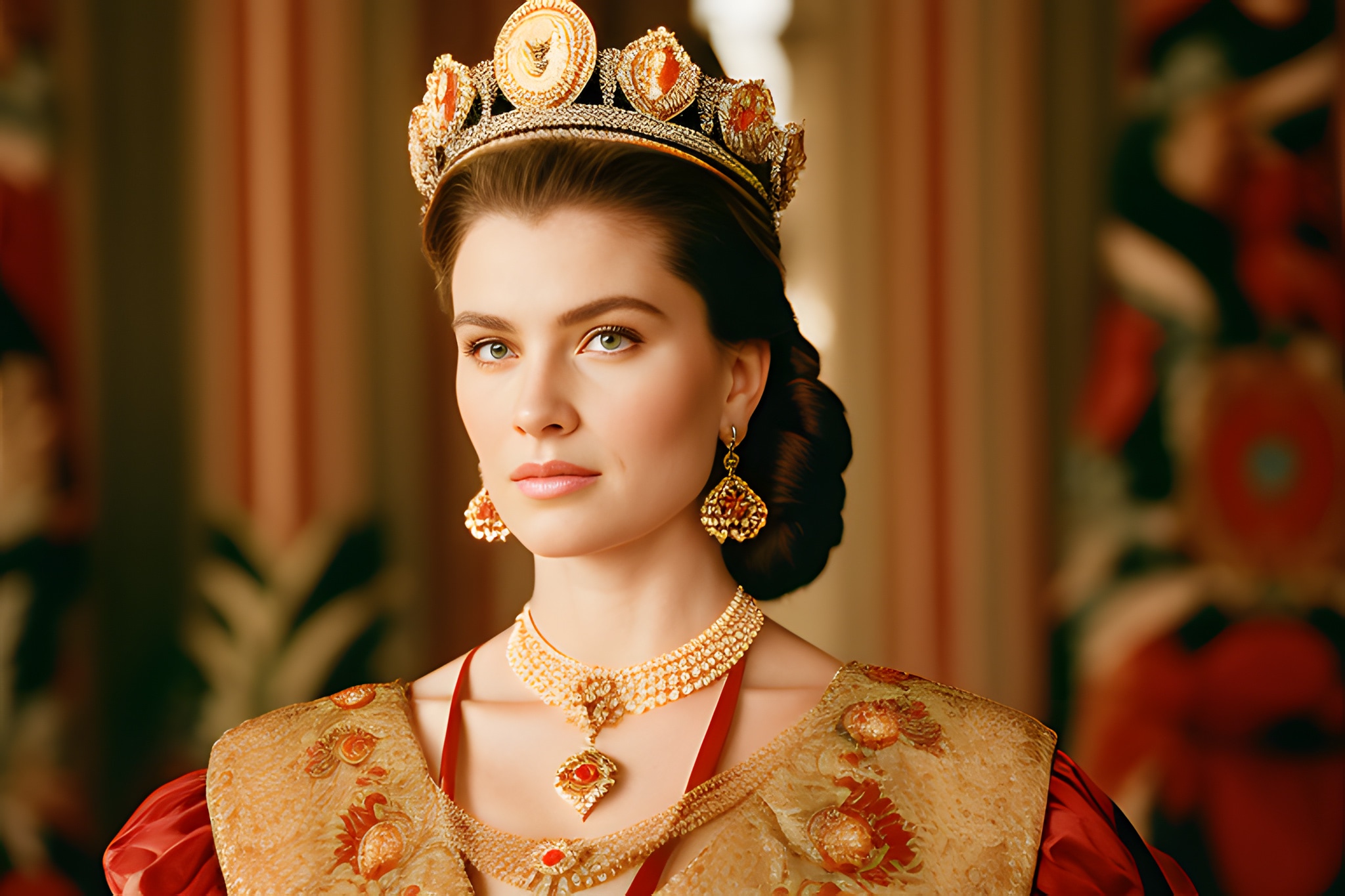 Portrait of a woman wearing a crown and ornate jewelry.